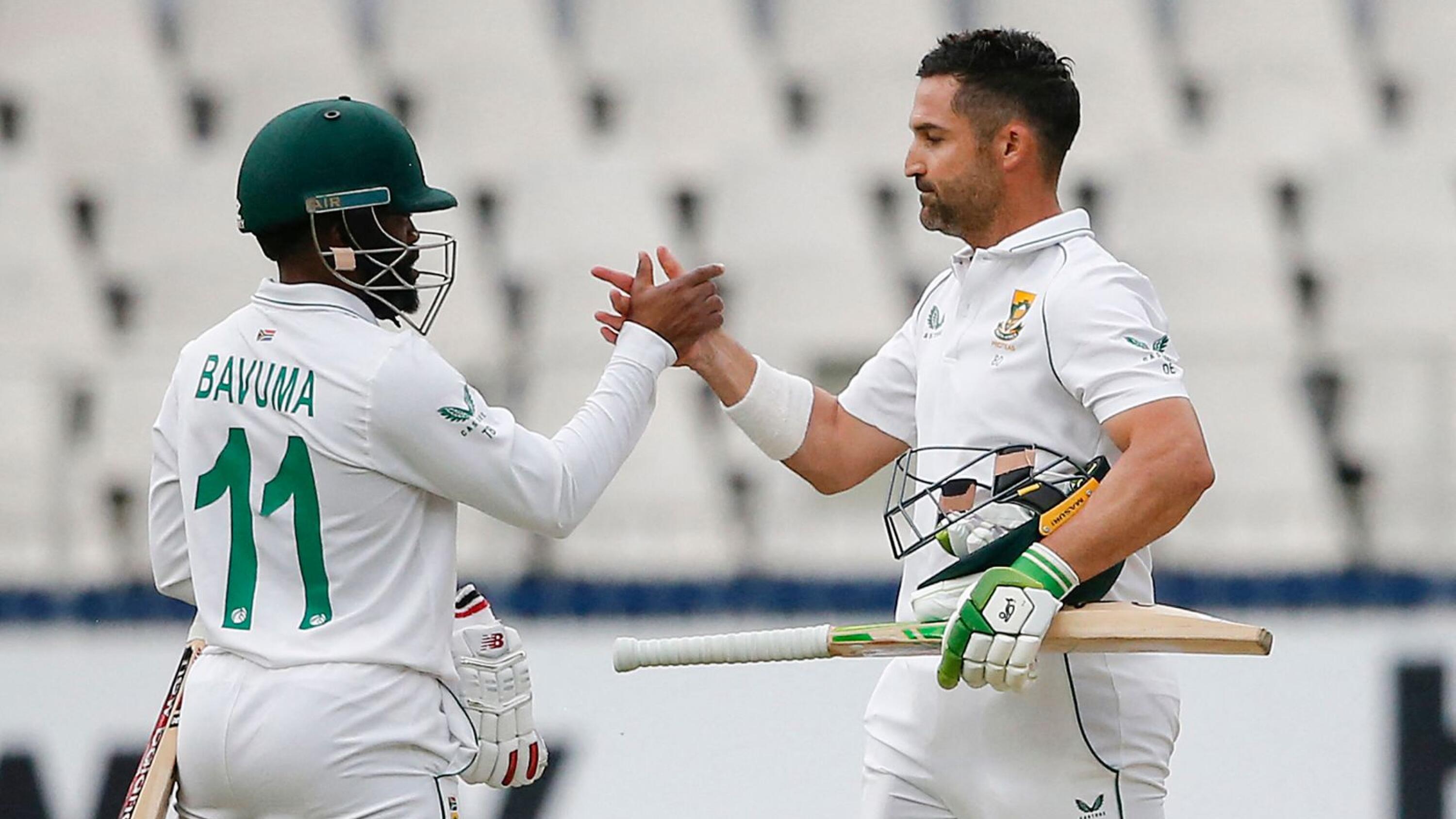 South Africa vice captain Temba Bavuma shakes hands with captain Dean Elgar after winning the second Test against India at the Wanderers in Johannesburg earlier this month