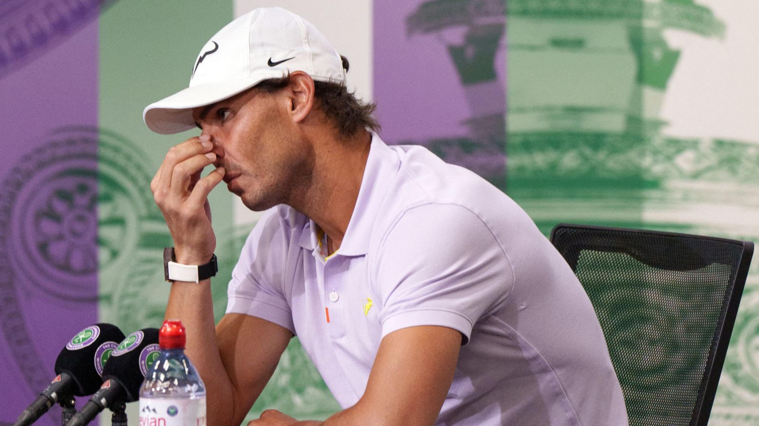 Spain's Rafael Nadal holds a press conference on the eleventh day of the 2022 Wimbledon Championships at The All England Tennis Club in Wimbledon, southwest London, on Thursday. Nadal announced on Thursdat that he was withdrawing from Wimbledon after failing to recover from an abdominal injury