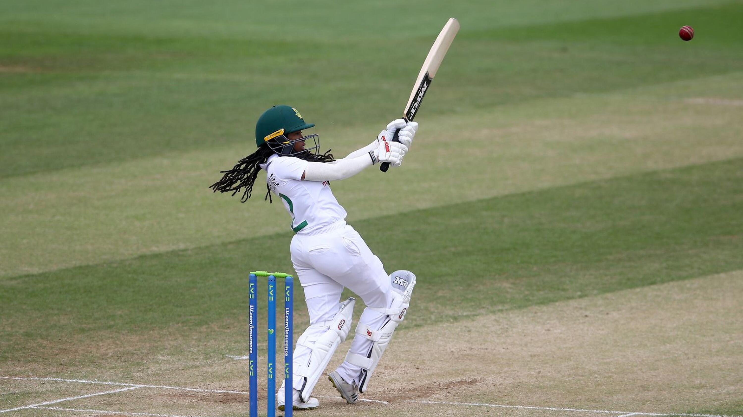 Tumi Sekhukhune of South Africa hits the ball during day four of their once-off Test match against England at Cooper Associates County Ground in Taunton on Thursday