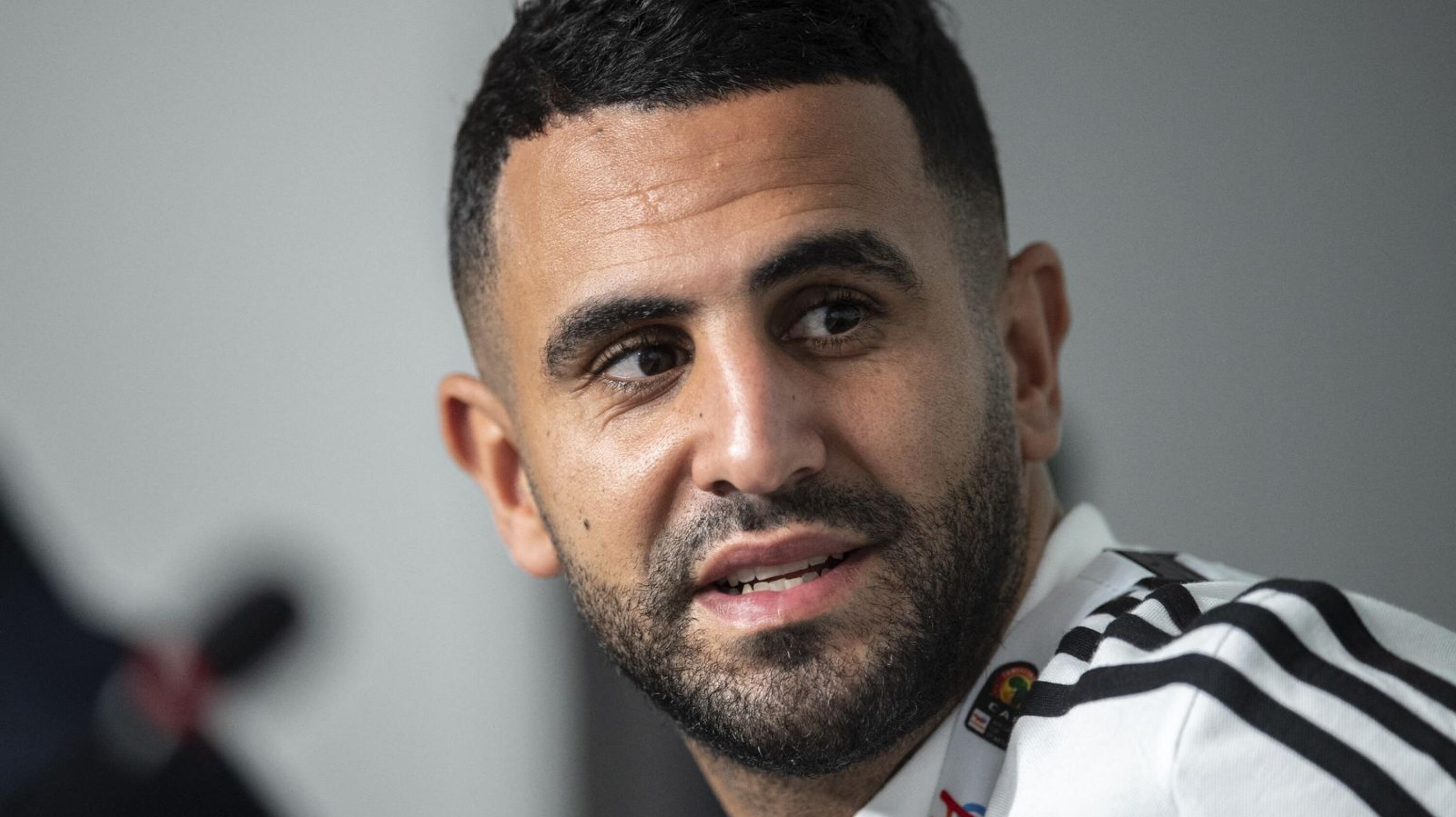 Algeria's Riyad Mahrez attends a press conference at the Japoma Stadium in Douala on Monday, on the eve of their 2021 Africa Cup of Nations match against Sierra Leone