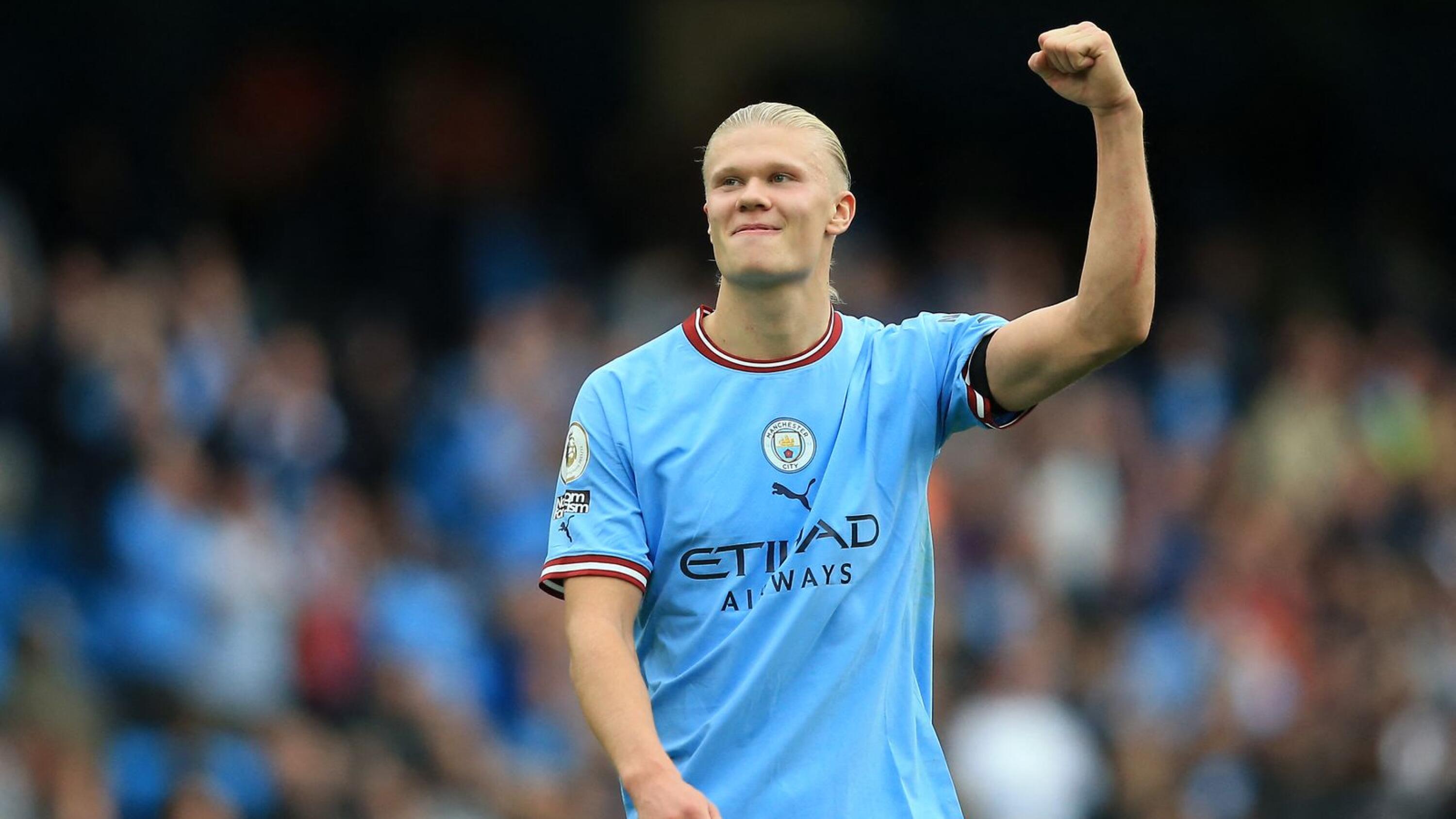 Manchester City's Norwegian striker Erling Haaland gestures after their Premier League match against Manchester United at the Etihad Stadium in Manchester on Sunday. Picture: Lindsey Parnaby/AFP