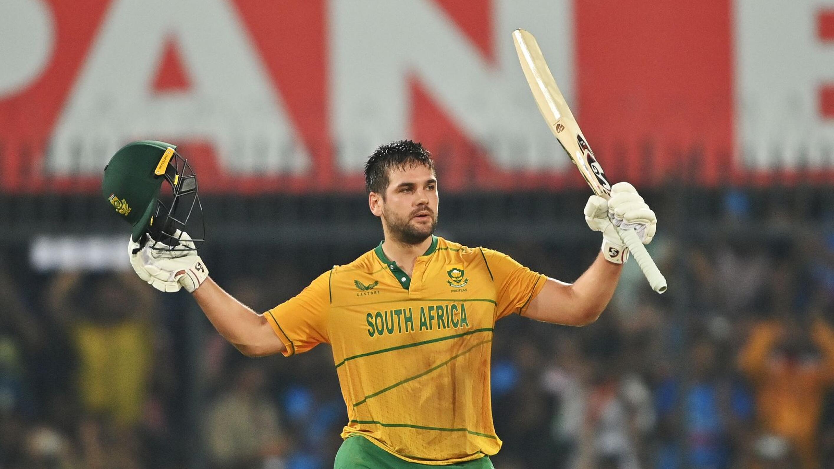 South Africa's Rilee Rossouw celebrates after scoring a century during the third and final Twenty20 international against India at the Holkar Cricket Stadium in Indore on Tuesday