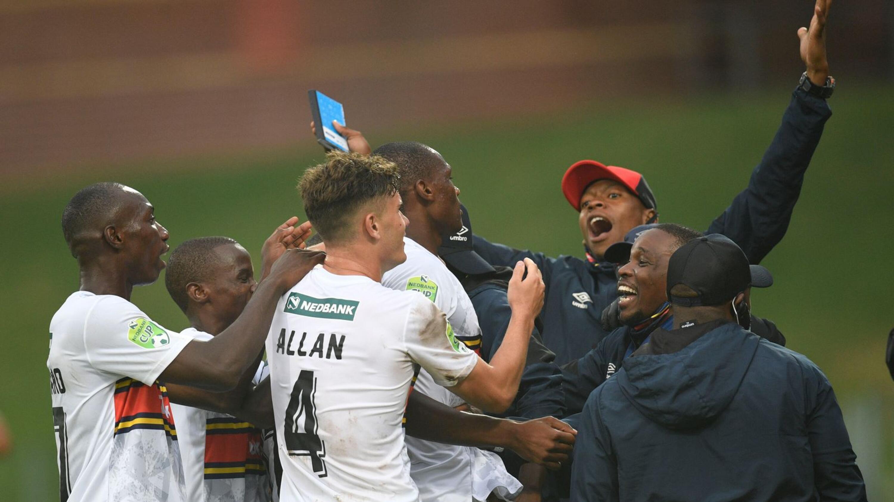 Kamohelo Pheeane of University of Pretoria celebrates with teammates after scoring goal during their Nedbank Cup Last 32 match against Chippa United at Tuks Stadium in Tshwane on Friday