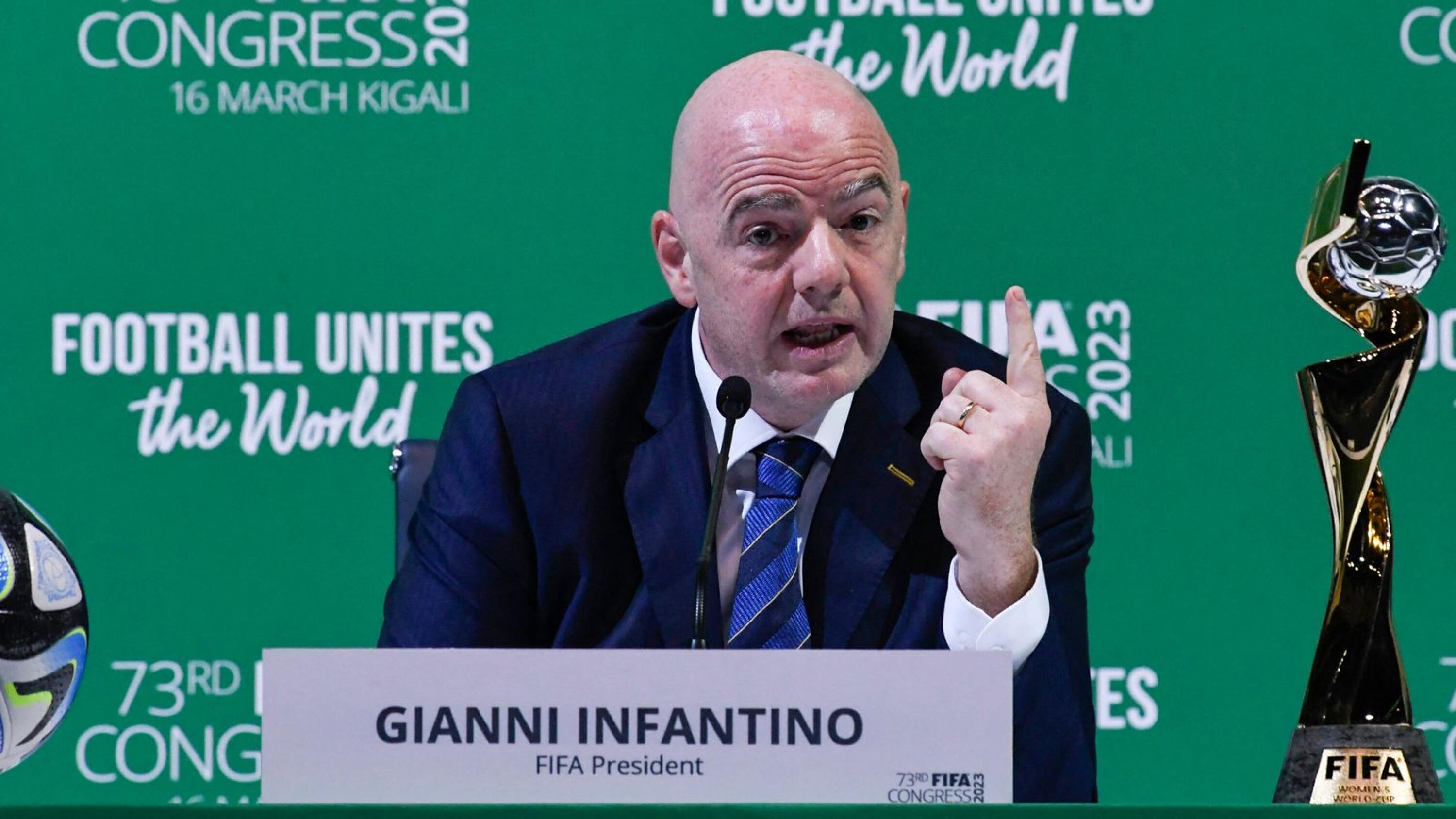 Fifa President Gianni Infantino gestures during a press conference at the 73rd Fifa Congress in Kigali, Rwanda, on Thursday