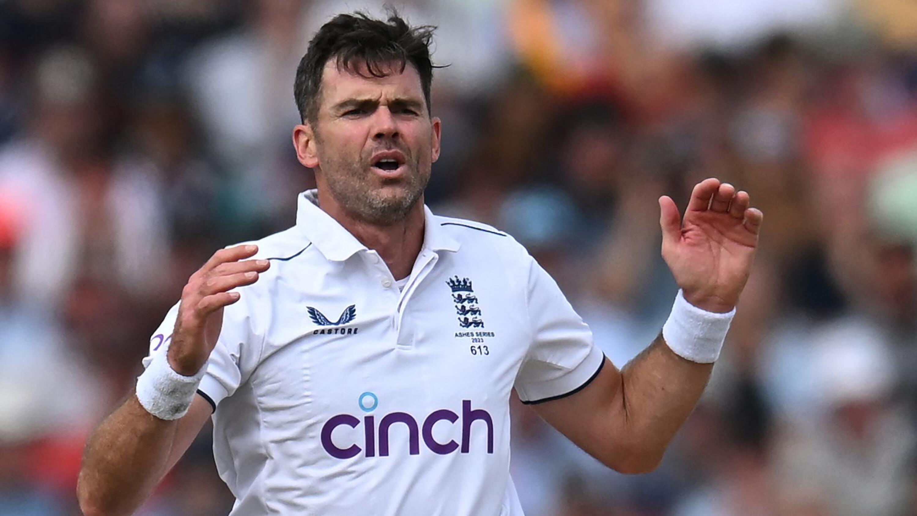 England's James Anderson reacts while bowling on day three of the fourth Ashes cricket Test match against Australia