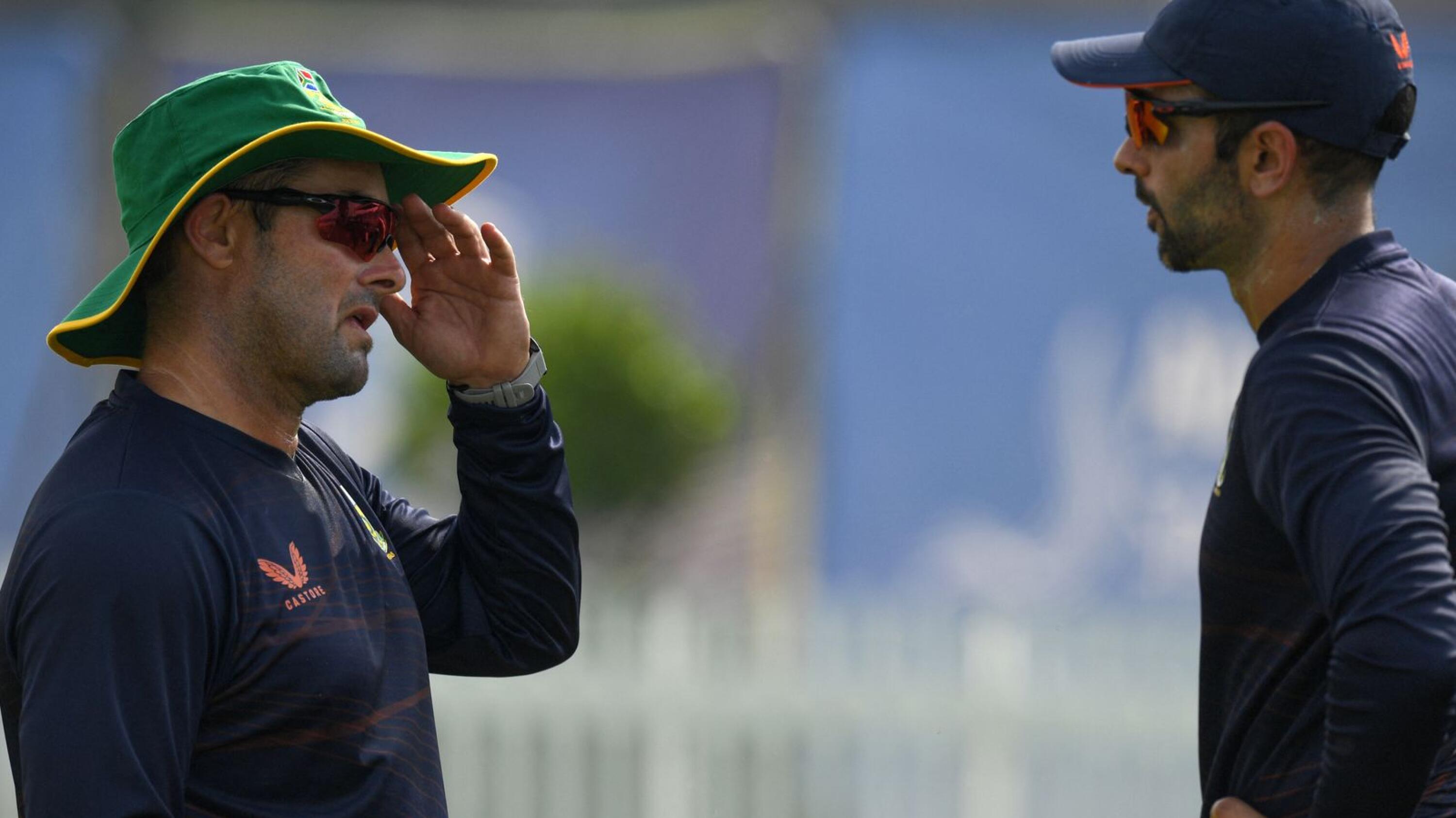 Mark Boucher speaks with Keshav Maharaj during a practice session. Picture: Indranil Mukerjee AFP