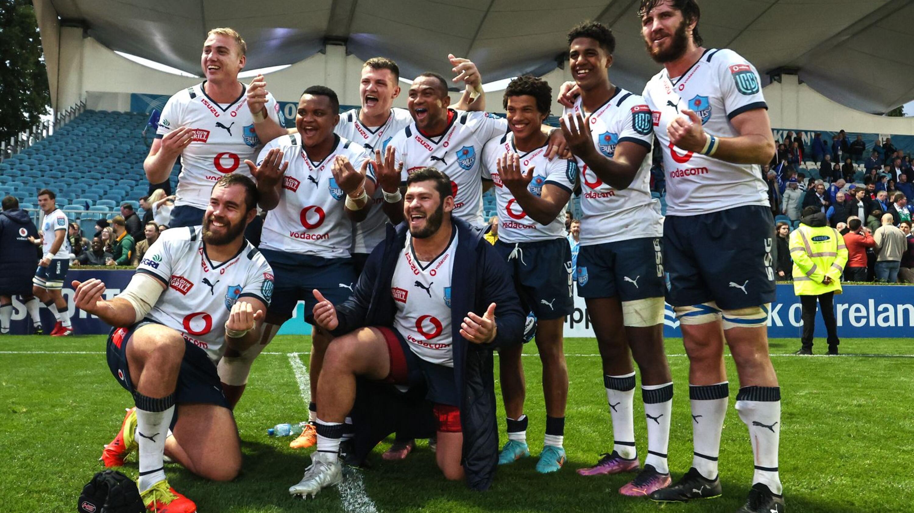 The Vodacom Bulls celebrate winning their United Rugby Championship semi-final against Leinster in Dublin