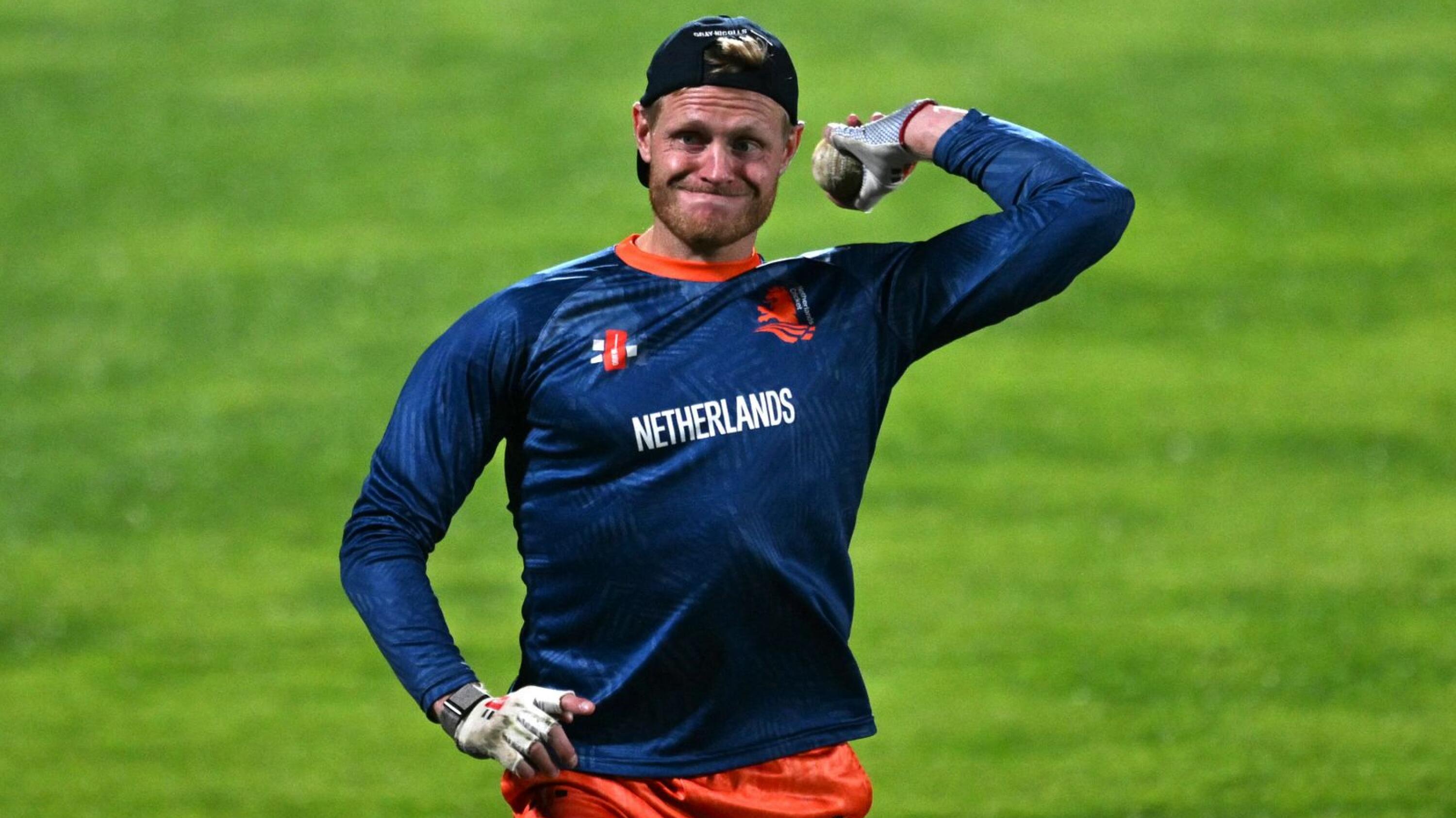 Netherlands' Sybrand Engelbrecht takes part in a practice session on the eve of their Cricket World Cup match against South Africa