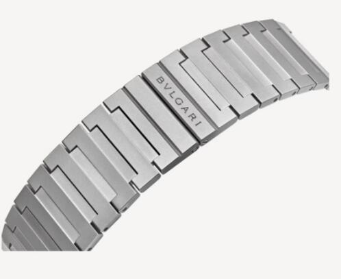The watch strap and front case are made of sandblasted titanium. Picture: Bulgari