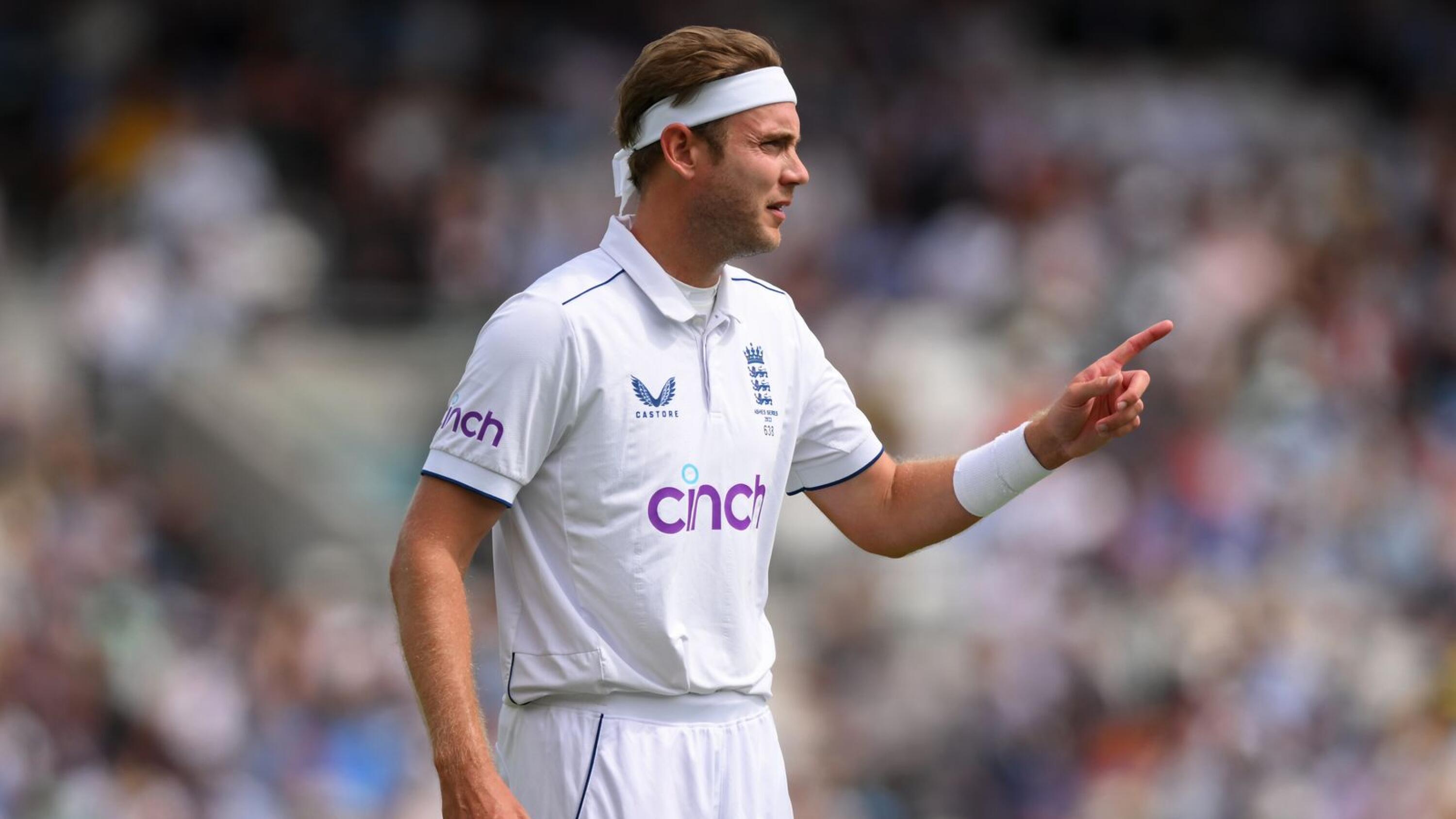 England's Stuart Broad gestures as he prepares to bowl