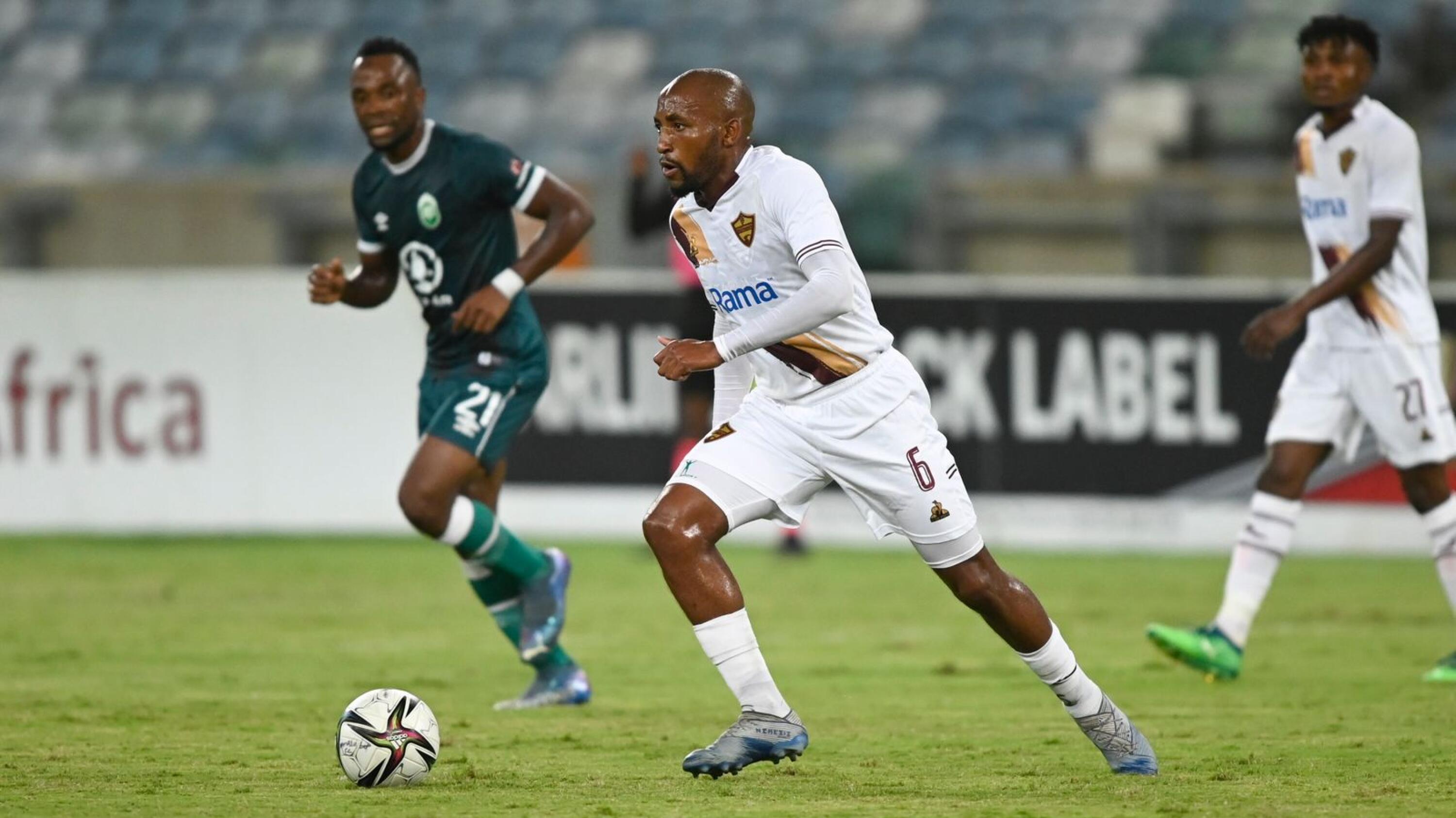 Sibongiseni Mthethwa of Stellenbosch FC runs with the ball during their DStv Premiership match against AmaZulu at Moses Mabhida Stadium in Durban on Wednesday