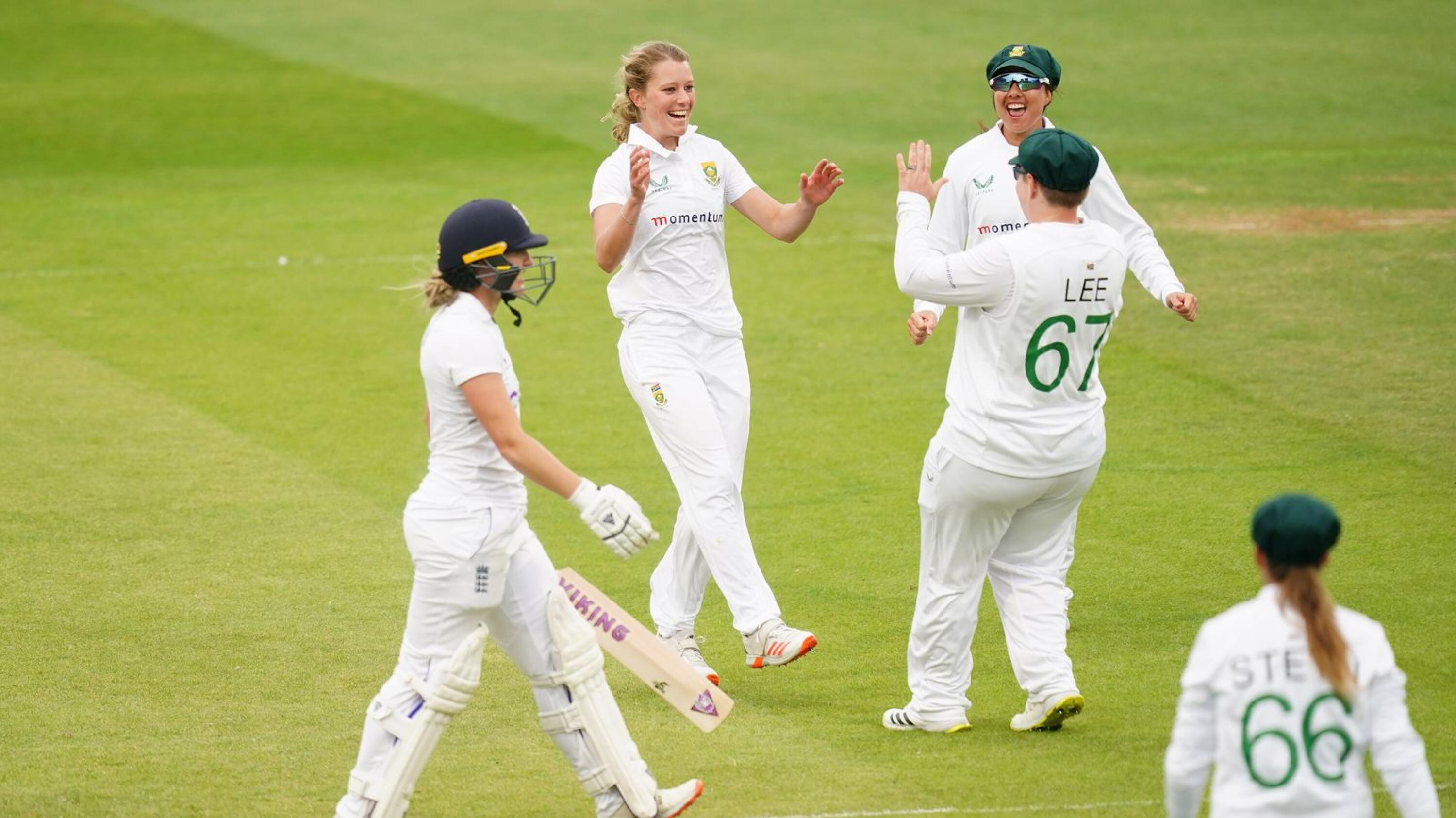 England's Emma Lamb is bowled by South Africa's Anneke Bosch during day two of the Women's test match at The Cooper Associates County Ground, Taunton on Tuesday