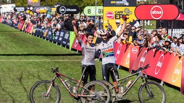 Matthew Beers and Christopher Blevins during stage 7 of the 2023 Absa Cape Epic Mountain Bike stage race from Lourensford Wine Estate in Somerset West to Val de Vie, Paarl