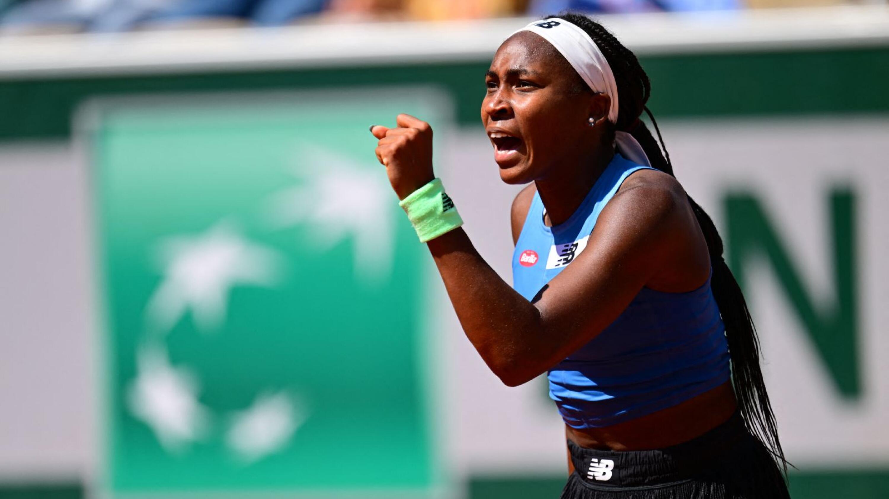 United States’ Coco Gauff celebrates after winning against Russia's Mirra Andreeva during their women's singles match on day seven of the Roland-Garros Open tennis tournament at the Court Suzanne-Lenglen in Paris on Saturday