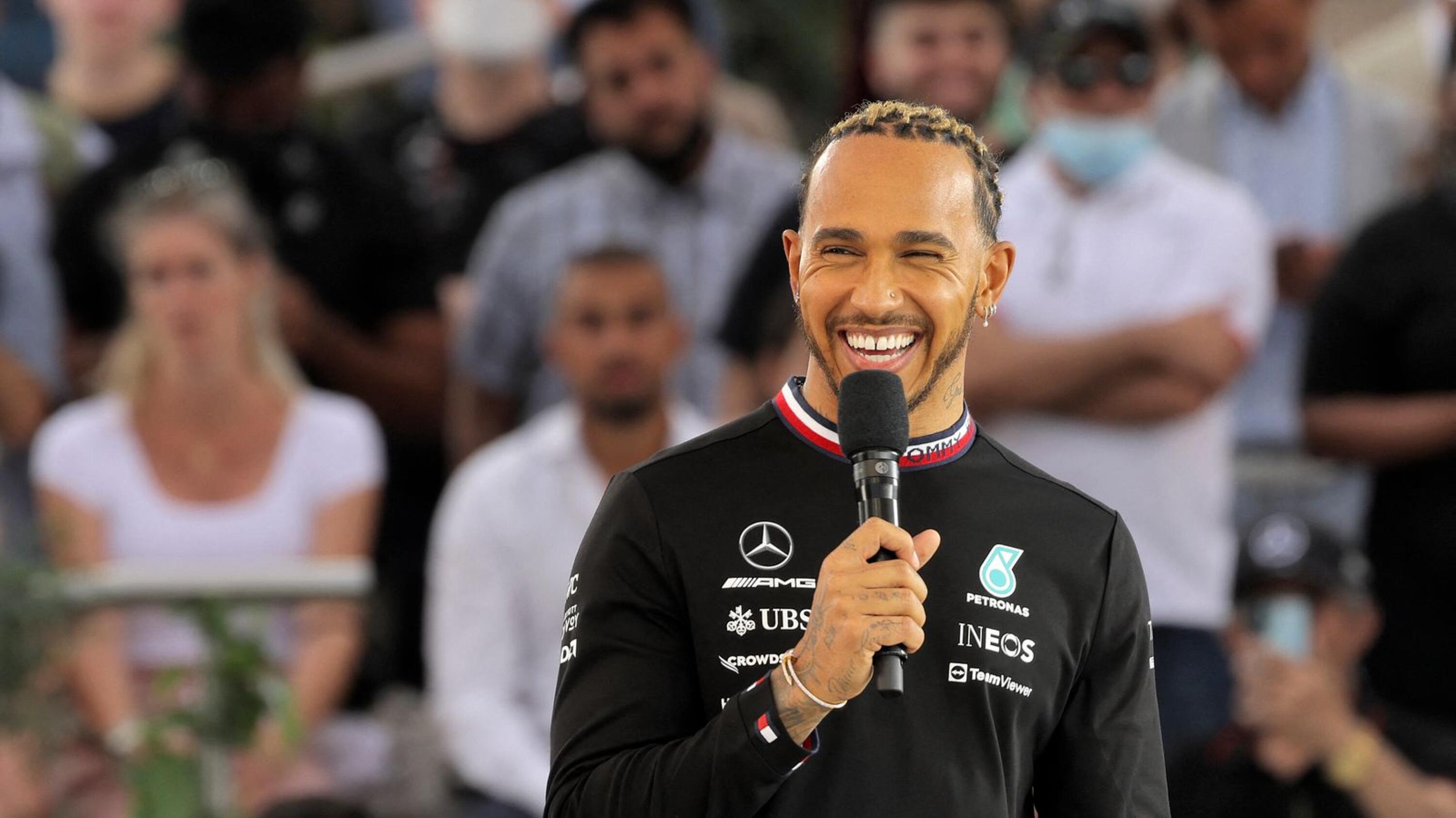 Mercedes' British F1 Driver Lewis Hamilton speaks at Expo Dubai 2020 in the Gulf emirate on Monday