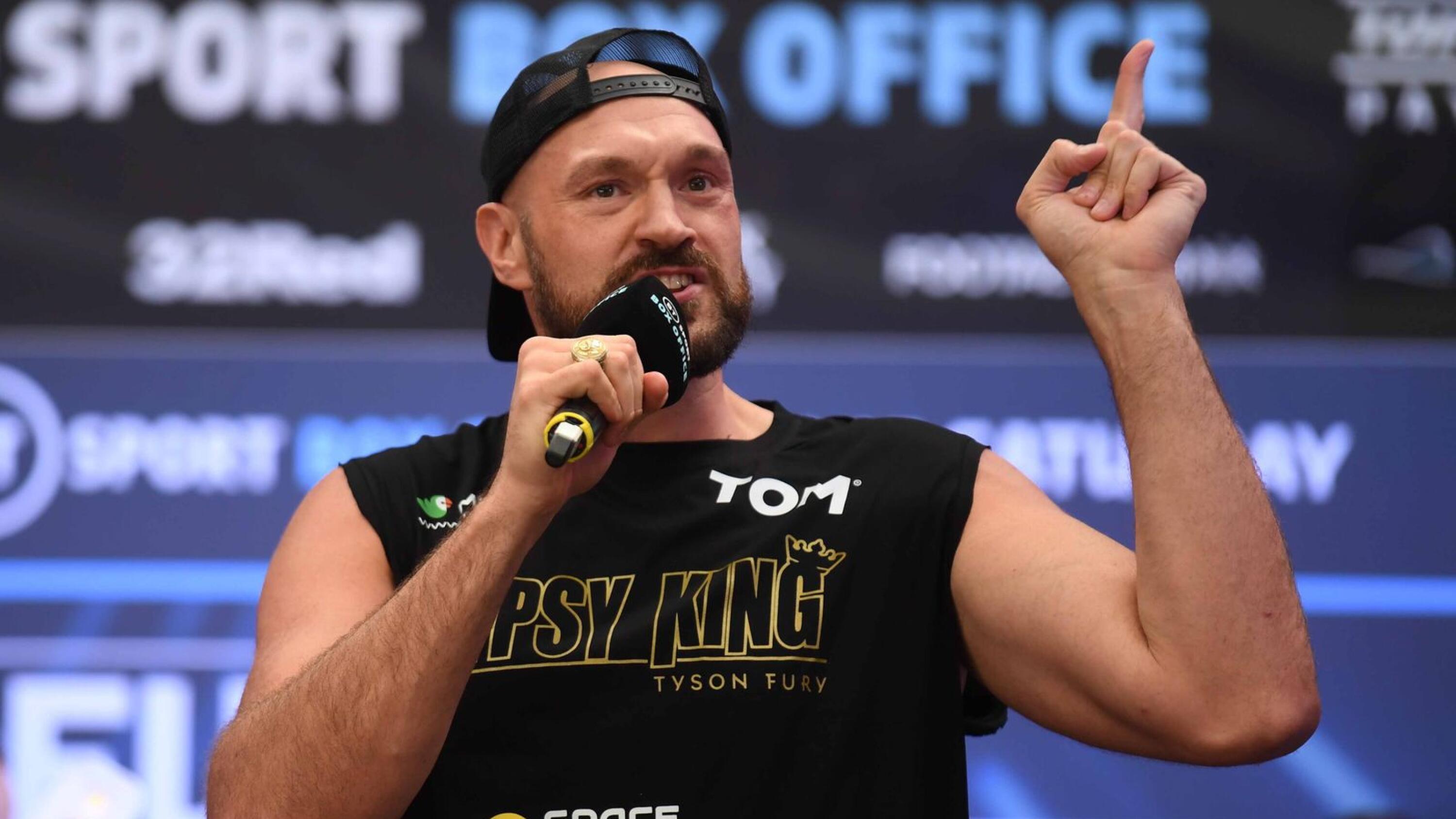 British boxer Tyson Fury speaks during the Weigh-In ahead of his fight with Dillian Whyte