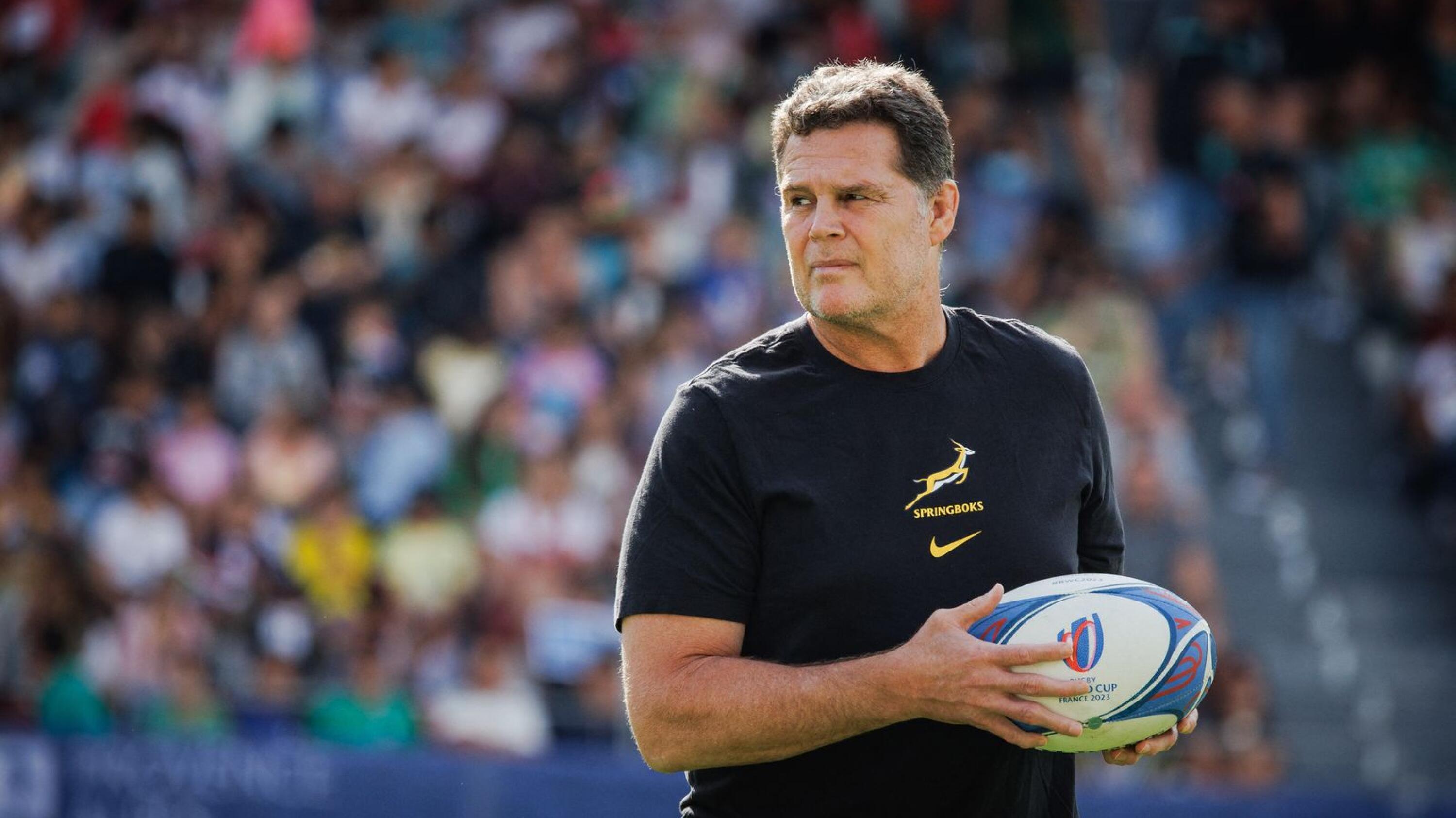 Rassie Erasmus looks on ahead of a training session at the Mayol Stadium in Toulon,
