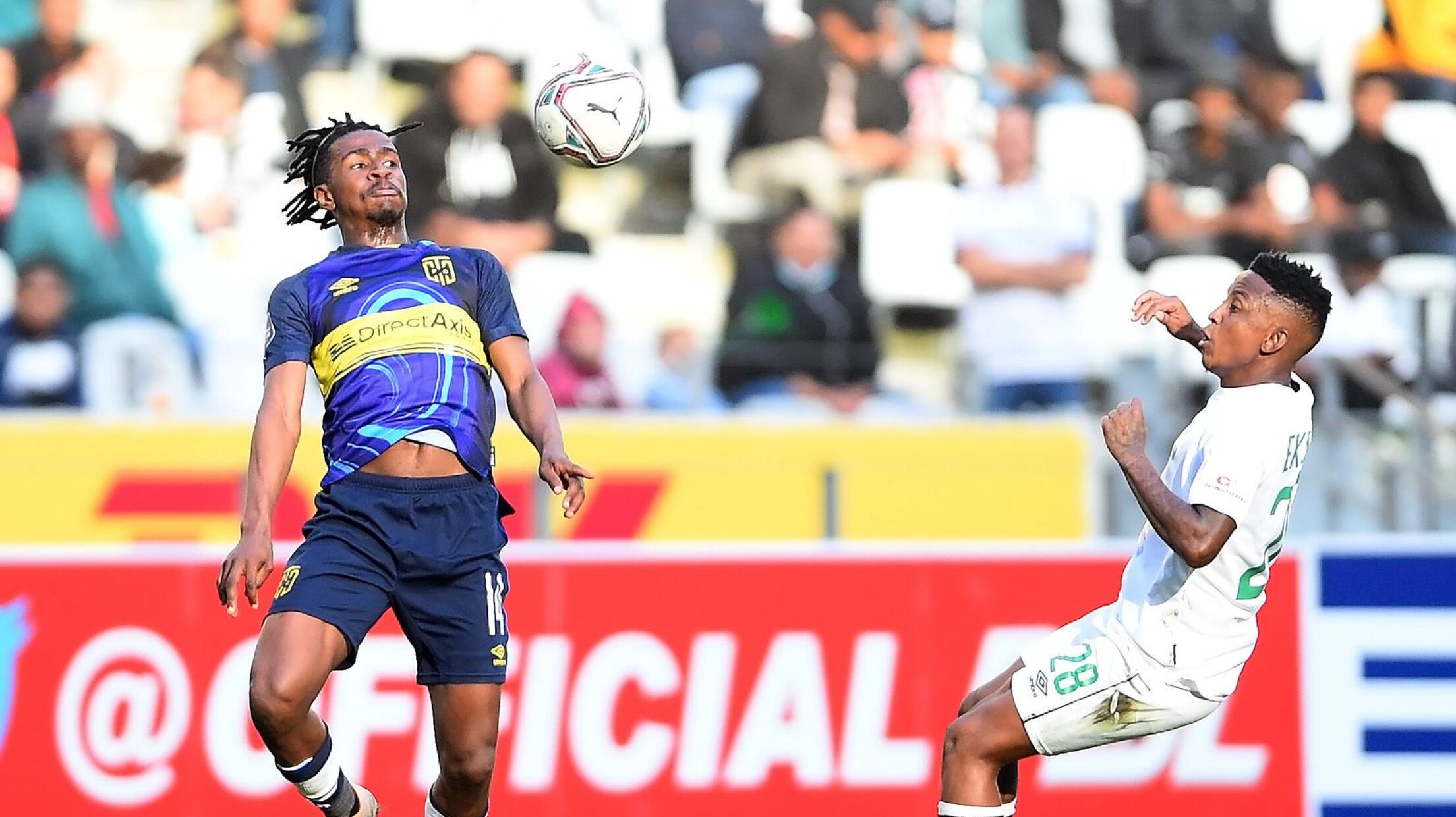 Terrence Mashego of Cape Town City is challenged by Pule Eksteen of AmaZulu during their DStv Premiership game at Cape Town Stadium on Saturday
