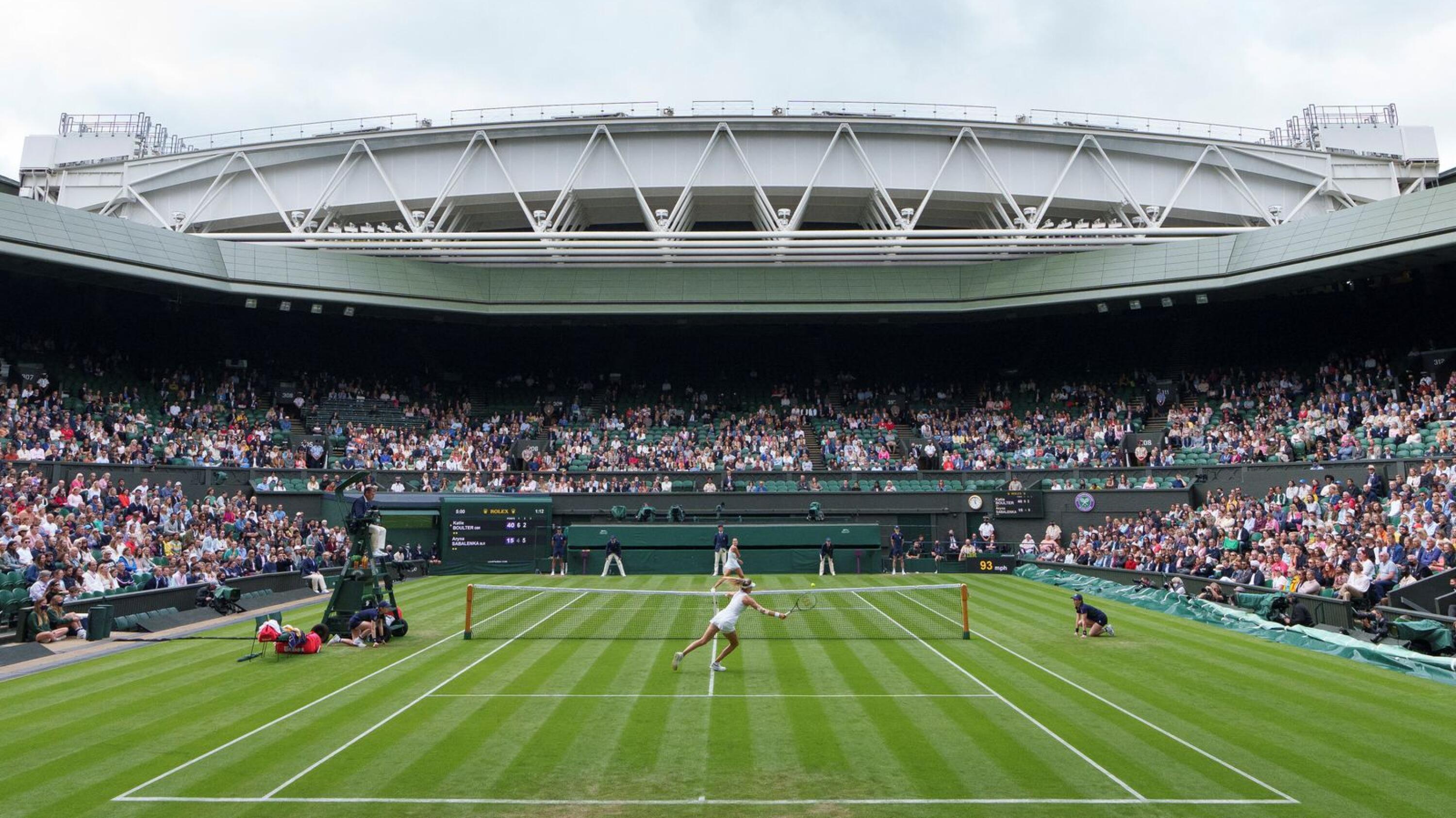 A view of centre court with Belarus's Aryna Sabalenka in action at Wimbledon. 