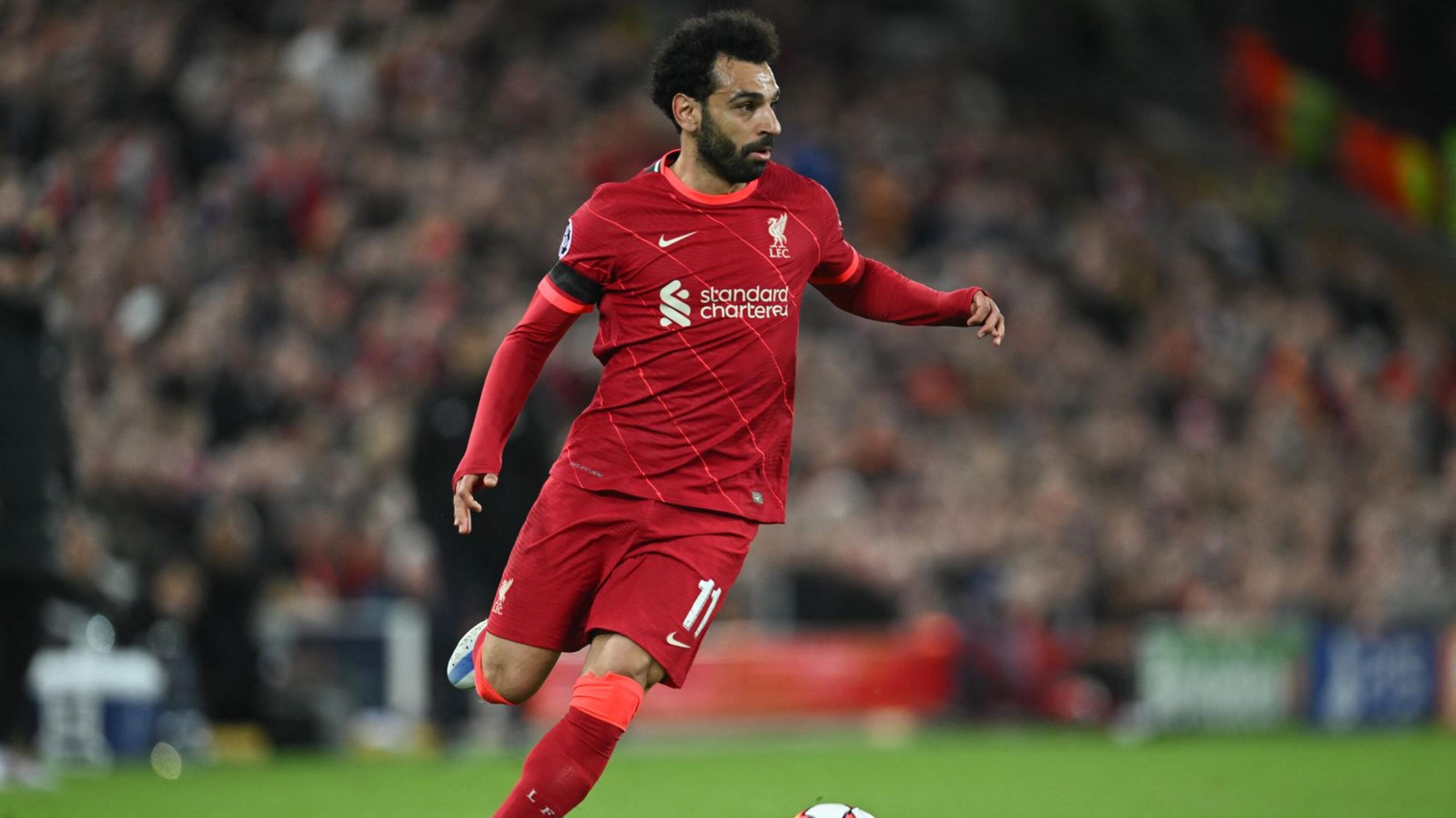 Liverpool's Egyptian midfielder Mohamed Salah controls the ball during the UEFA Champions League quarter final second leg football match between Liverpool and Benfica at the Anfield stadium, in Liverpool