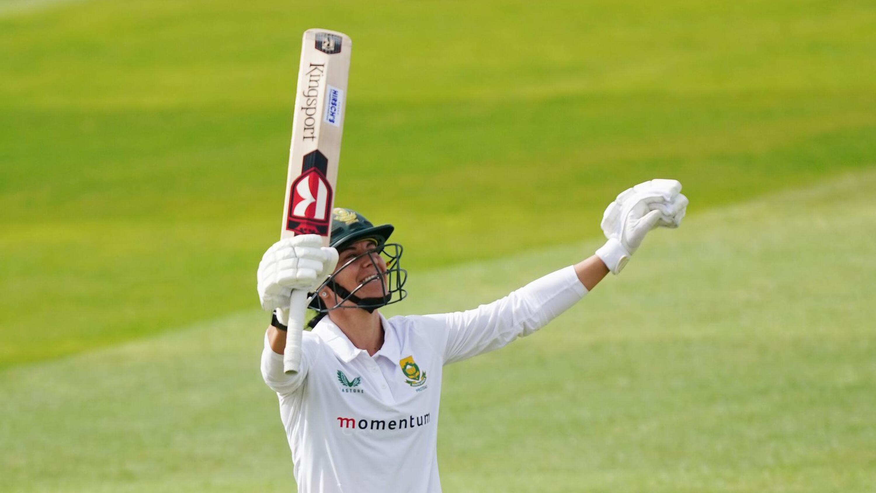 South Africa's Marizanne Kapp celebrates reaching her century during day one of the women's Test match at The Cooper Associates County Ground, Taunton