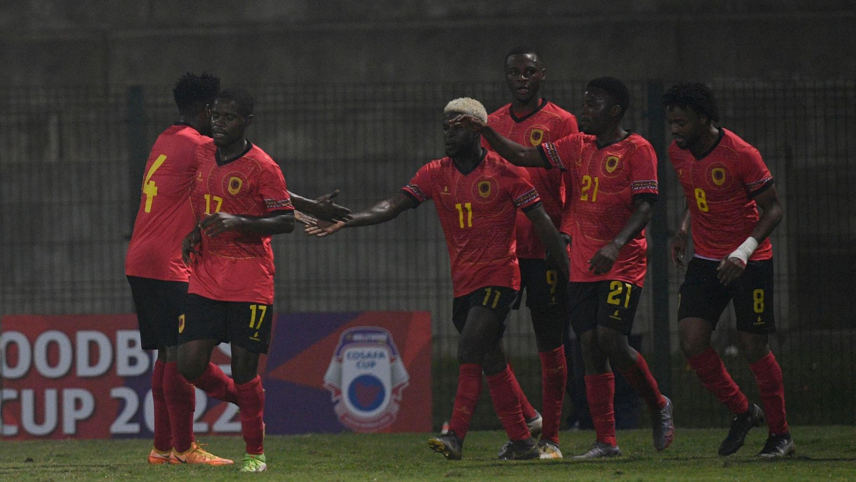 Paulo Juliao of Angola celebrates with teammates after scoring a goal during their 2022 Hollywoodbets Cosafa Cup match against Comoros at King Zwelithini Stadium in Durban on Tuesday