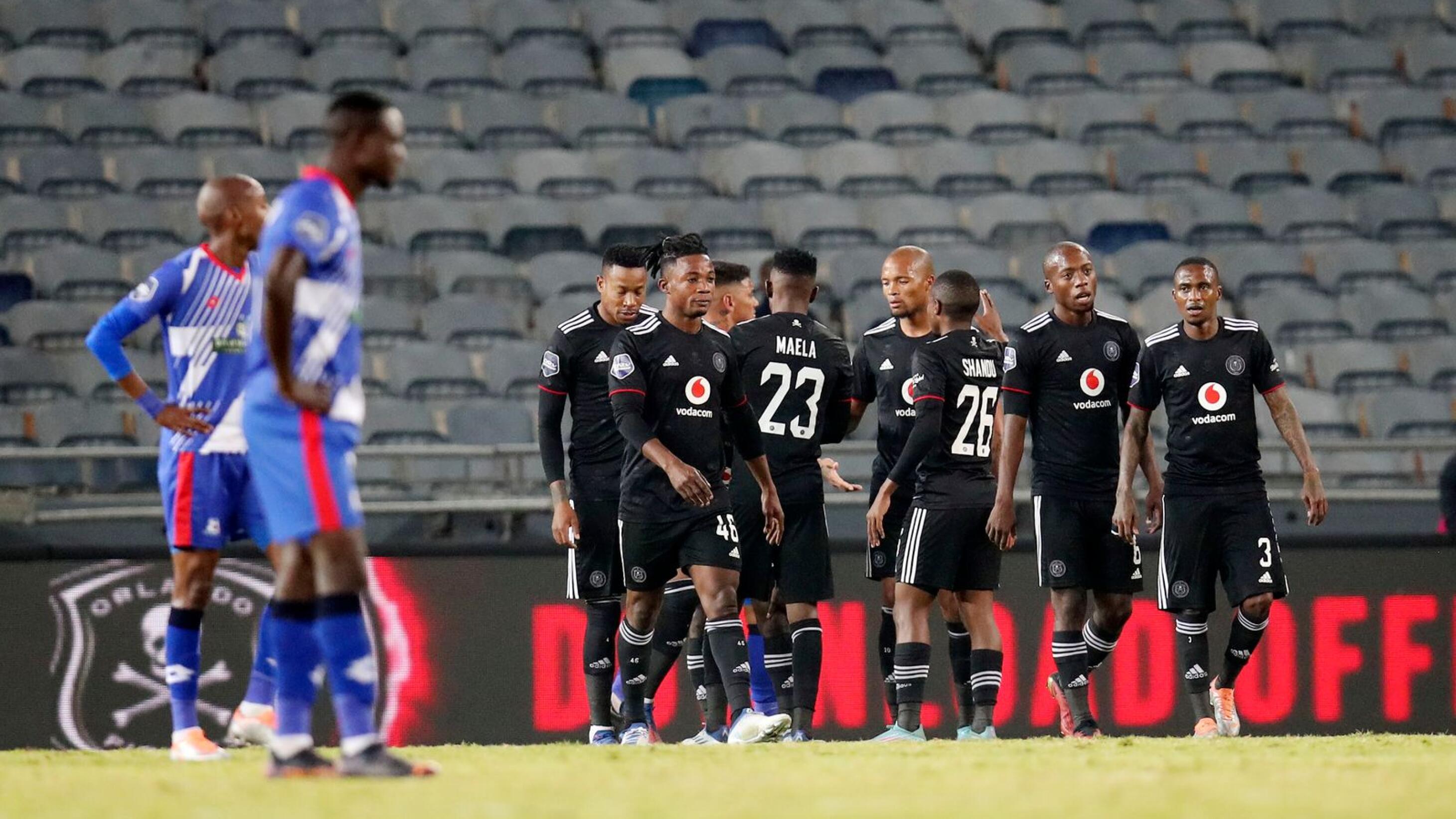 Orlando Pirates players celebrate Deon Hotto’s goal during their DStv Premiership match against Maritzburg United at Orlando Stadium in Soweto, Johannesburg on Tuesday