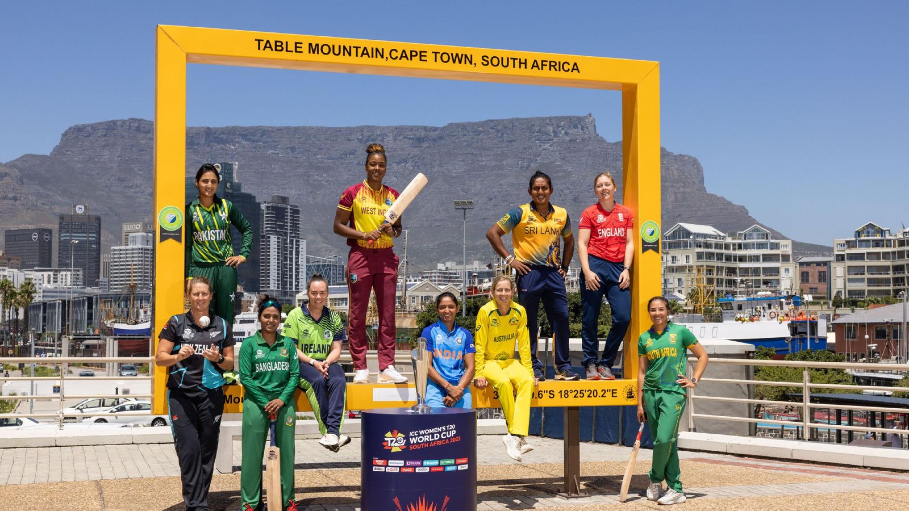 The captains for the Women’s T20 World Cup in South Africa pose for a photo at the V&A Waterfront in Cape Town