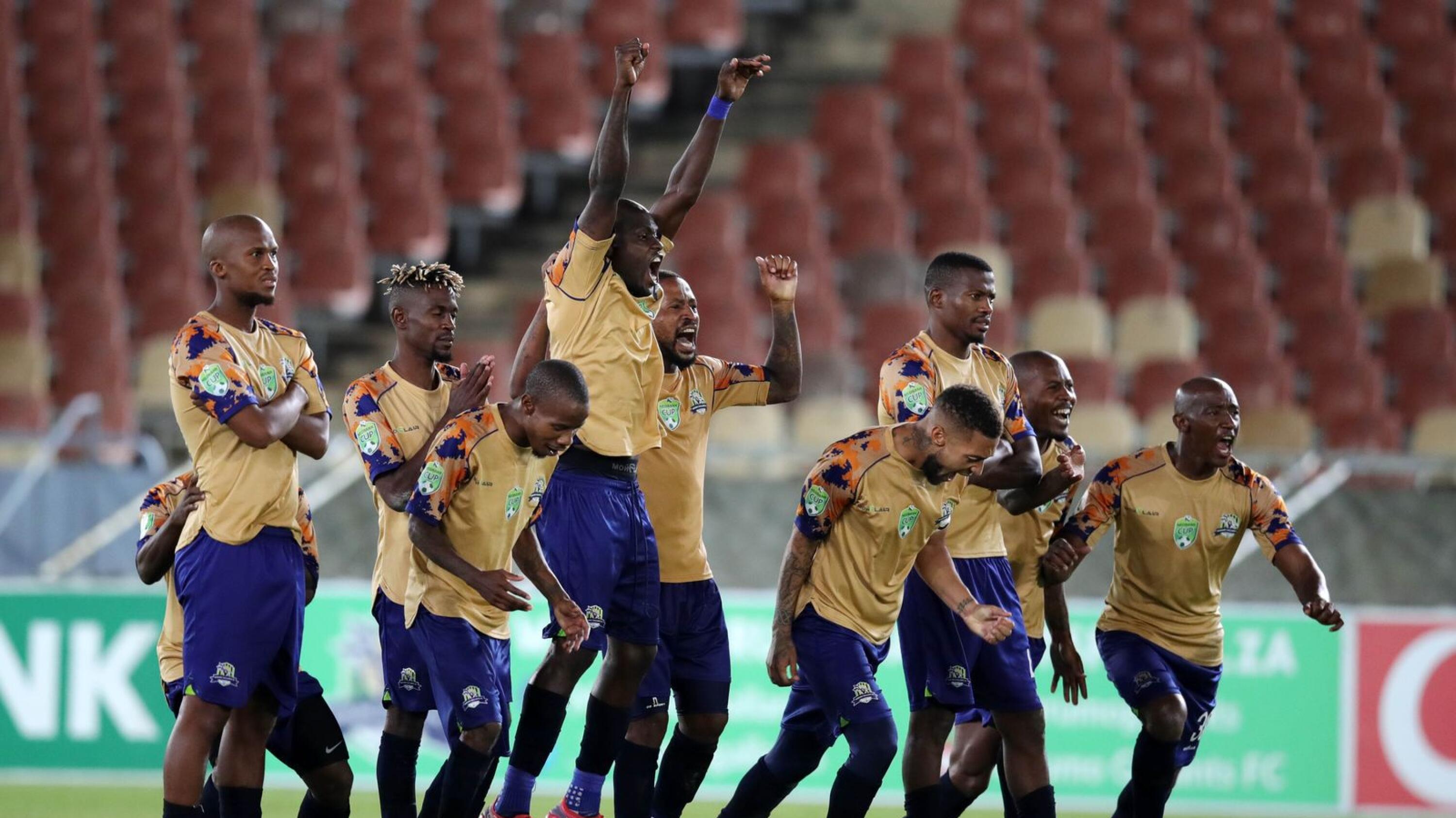 Marumo Gallants players celebrate after winning their penalty shootout to dump Orlando Pirates out of the Nedbank Cup at Peter Mokaba Stadium in Polokwane on Wednesday