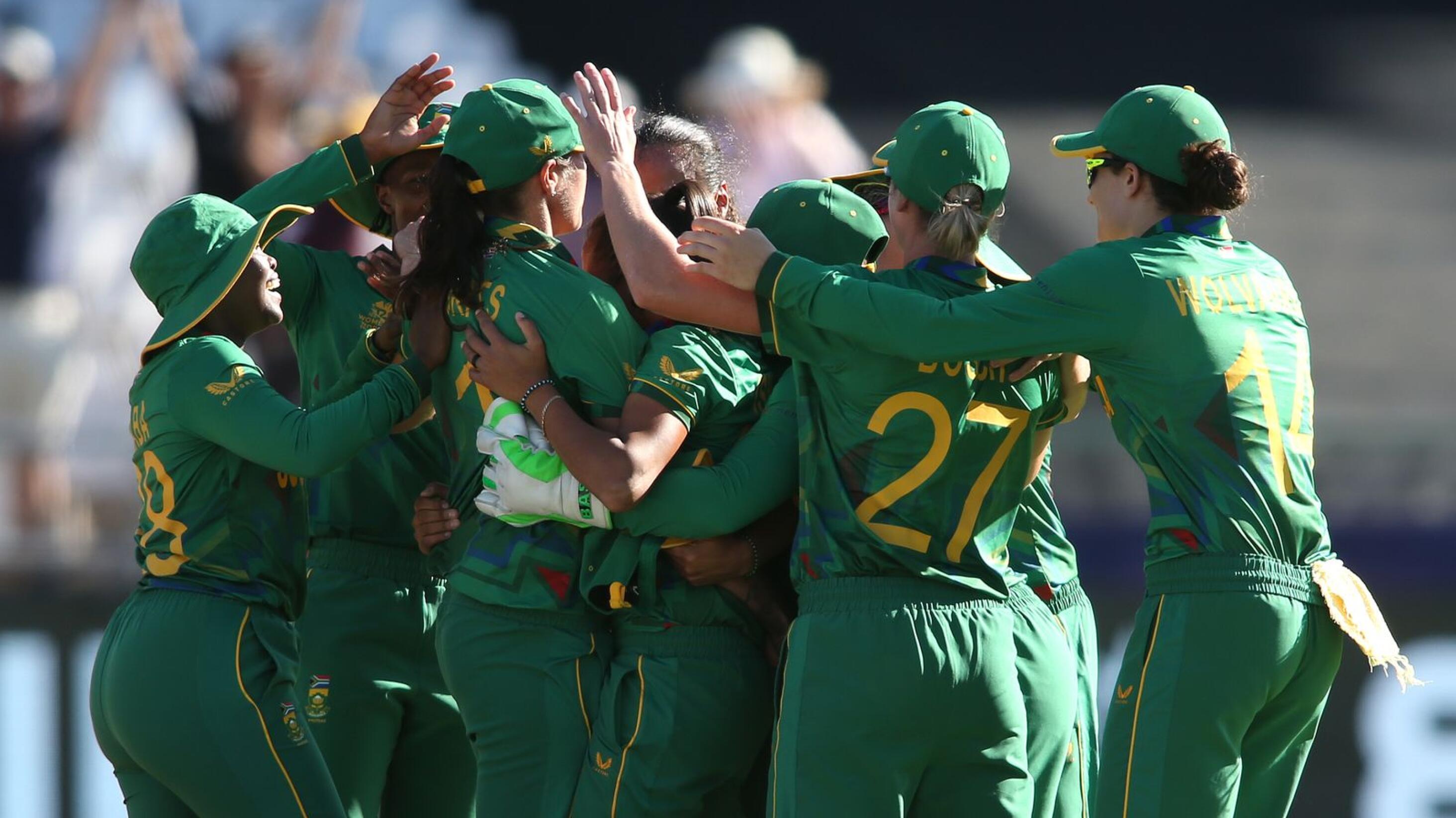 The Proteas celebrated after picking up the wicket of Alice Capsey of England during their ICC Women's T20 World Cup semi-final at Newlands Cricket Ground in Cape Town on Friday
