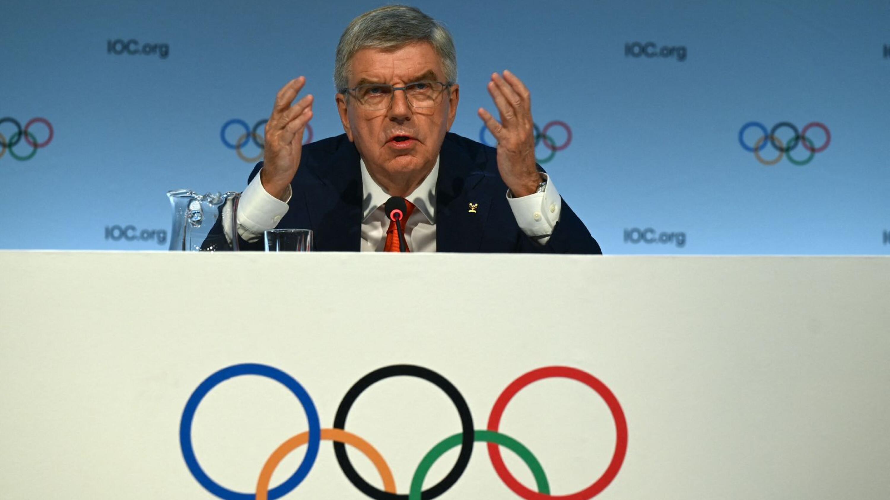 International Olympic Committee (IOC) President Thomas Bach speaks during a press conference ahead of the upcoming 141st IOC session in Mumbai