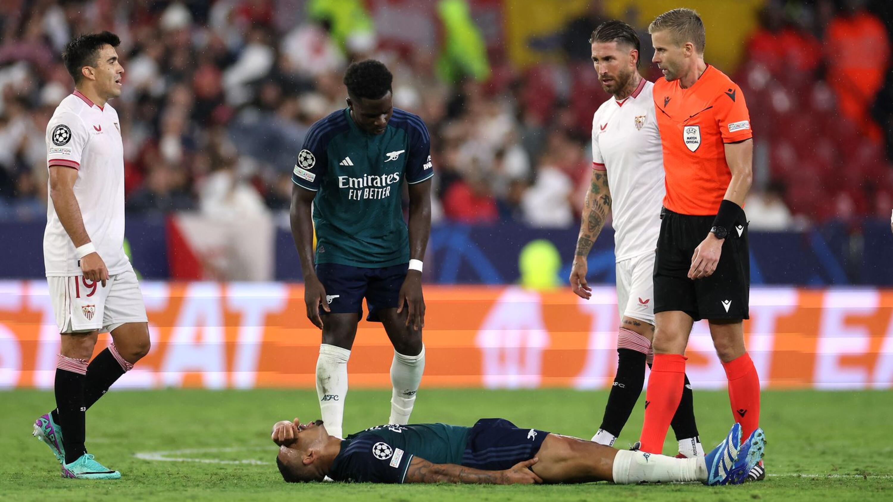  Arsenal’s Gabriel Jesus lays on the pitch after getting injured 