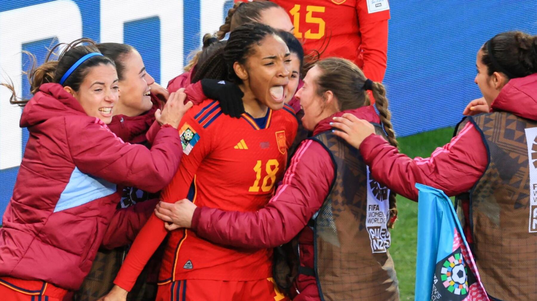 Spain's forward Salma Paralluelo (centre) celebrates scoring her team's second goal in their Fifa Women's World Cup quarter-final football match against the Netherlands at Wellington Stadium
