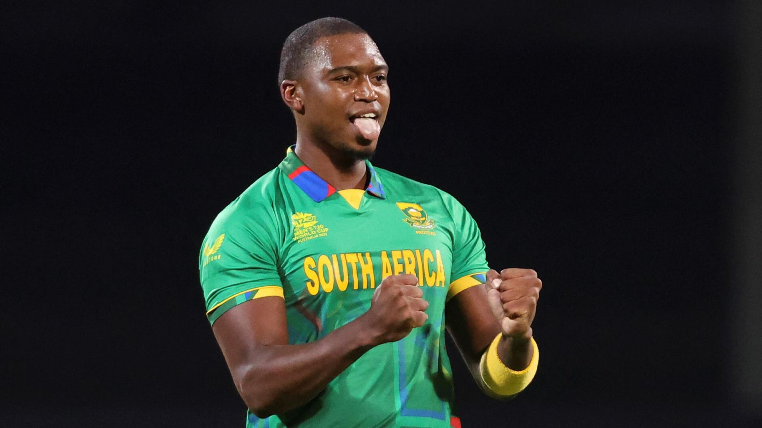 South Africa's Lungi Ngidi celebrates his wicket of Zimbabwe's Sikandar Raza during the ICC men's Twenty20 World Cup 2022 cricket match between South Africa and Zimbabwe at Bellerive Oval in Hobart