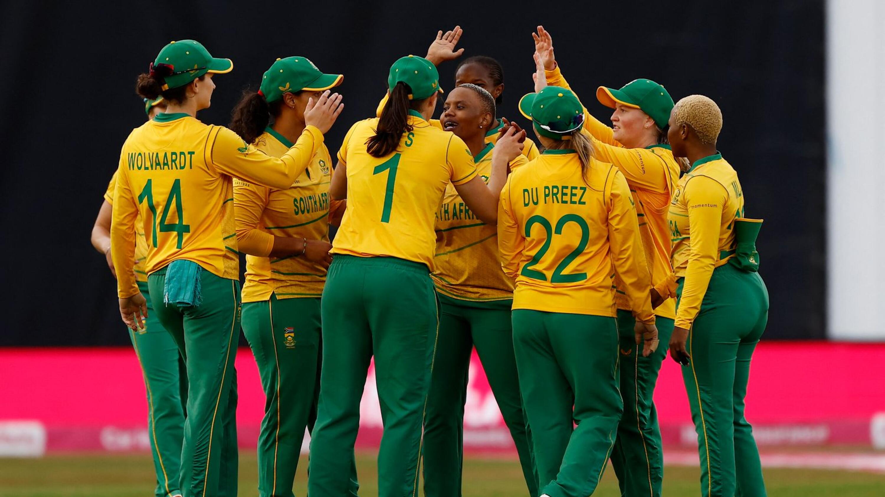 South Africa's Masabata Klaas celebrates the wicket of England's Amy Jones with teammates during the final T20I at the Incora County Ground in Derby on Monday