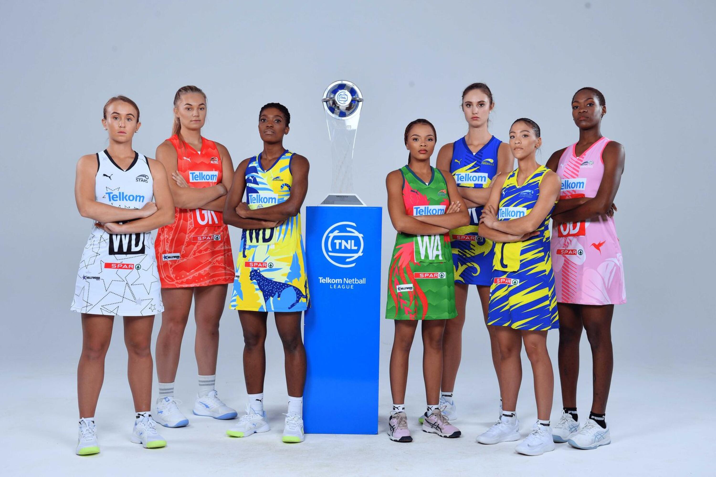 Players pose for a photo ahead of the start of the new Telkom Netball League season