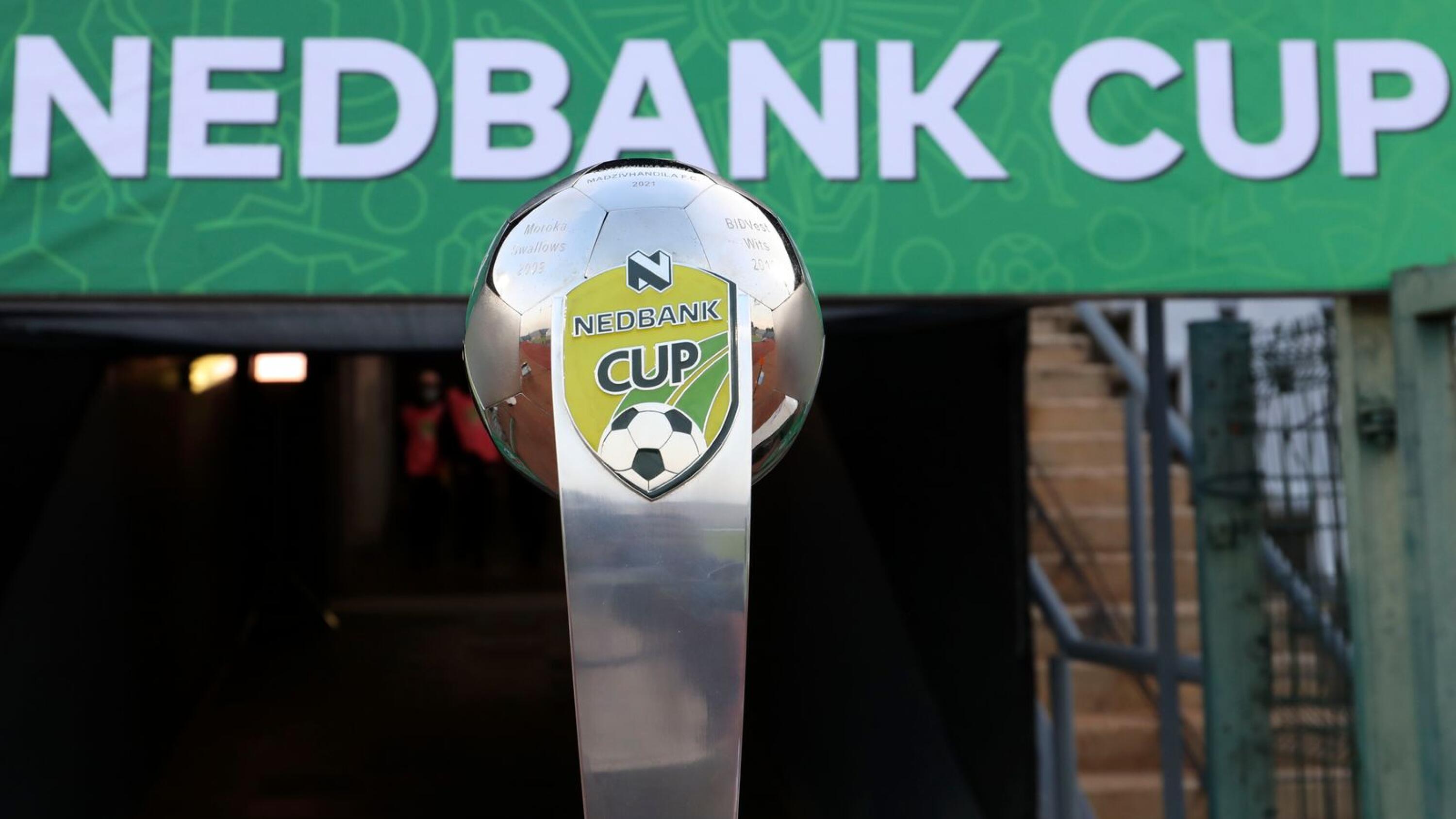 General view of the Nedbank Cup trophy on display during the Last 16 game between Swallows and Royal AM at Dobsonville Stadium in Soweto