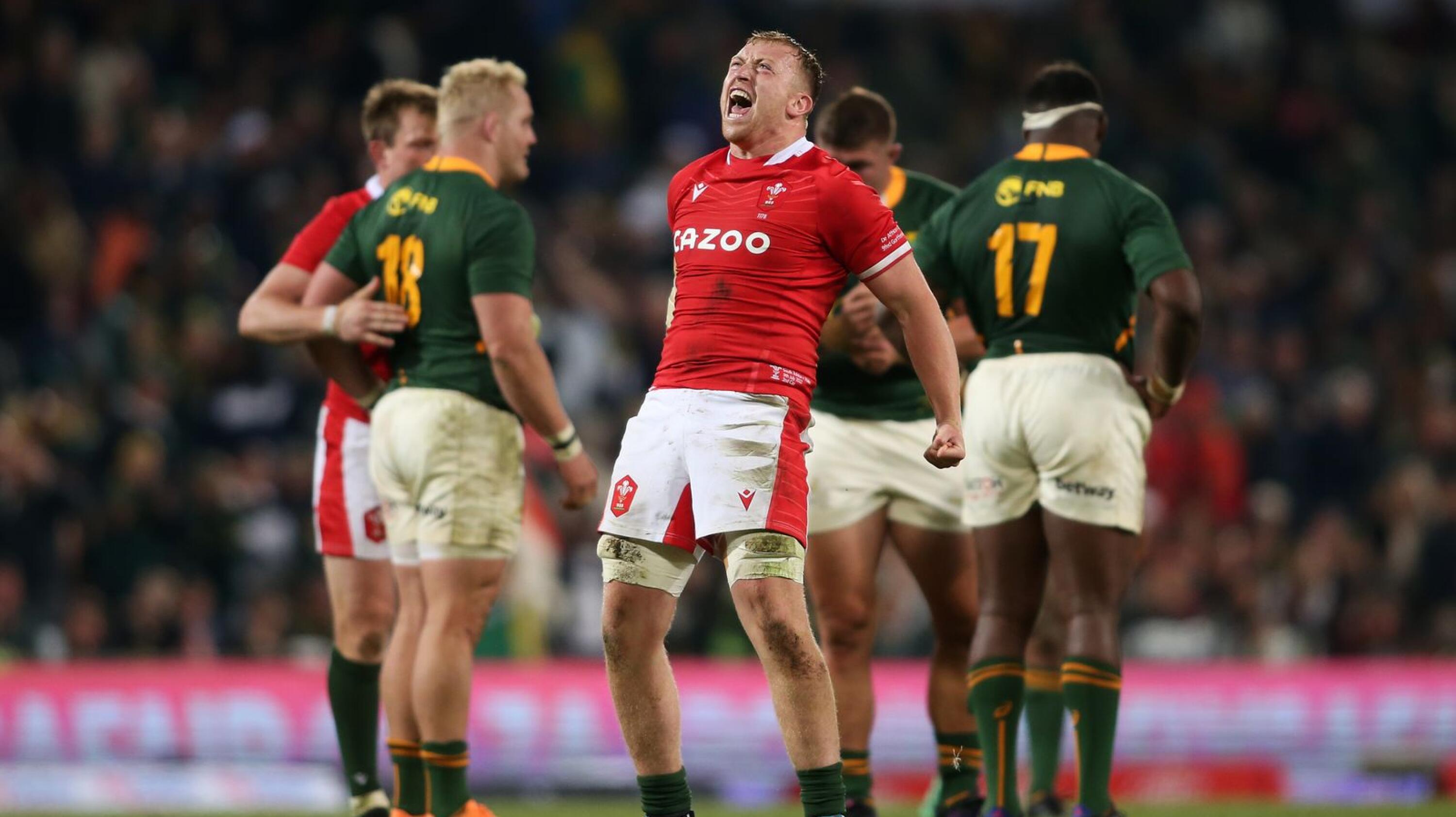 Tommy Reffell of Wales celebrates as Wales beat South Africa 13-12 in the second Test match at Toyota Stadium in Bloemfontein