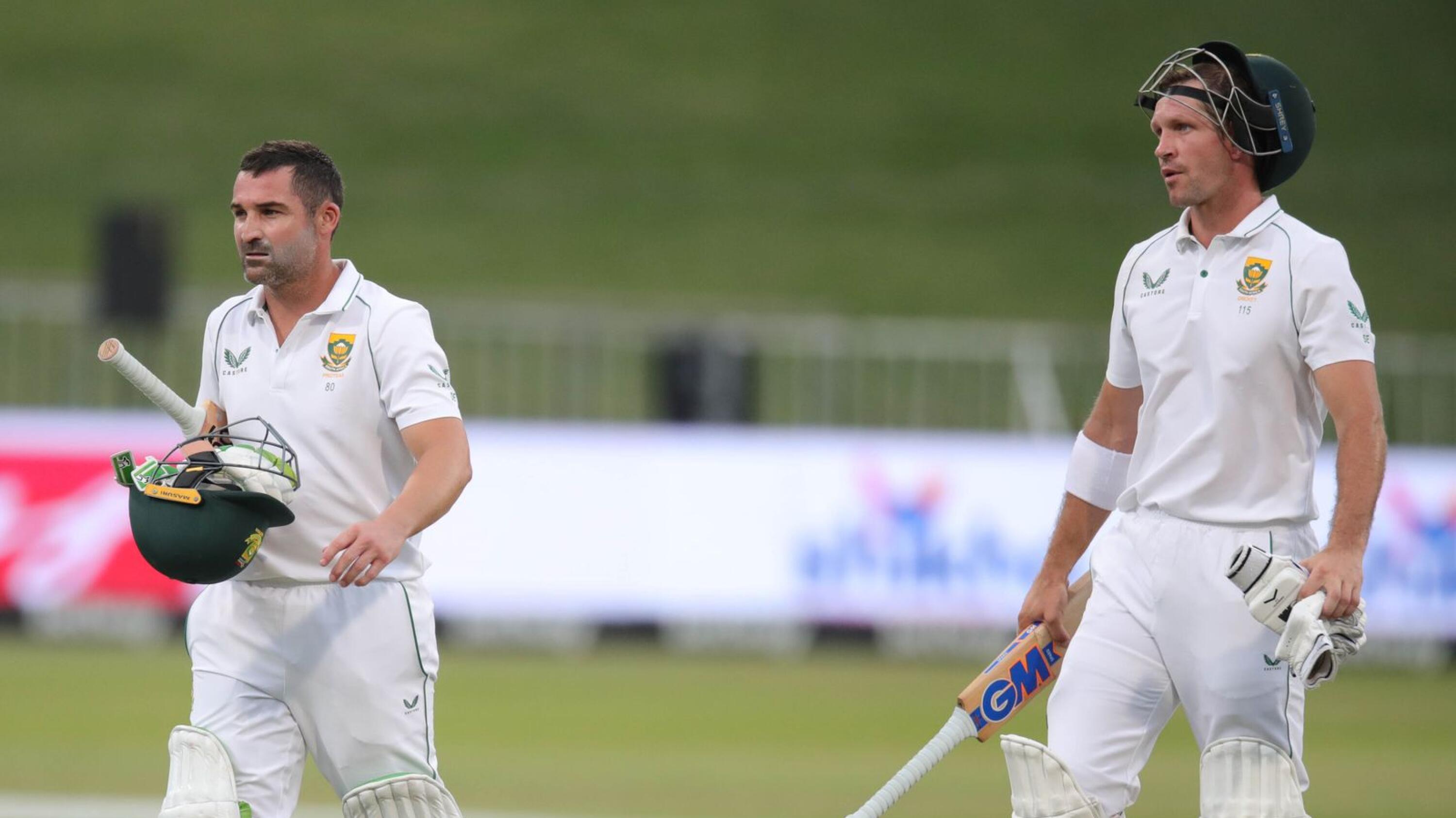 Proteas openers Dean Elgar and Sarel Erwee walk off the field at the end of the day on day three of the first Test against Bangladesh at Kingsmead Stadium in Durban on Saturday