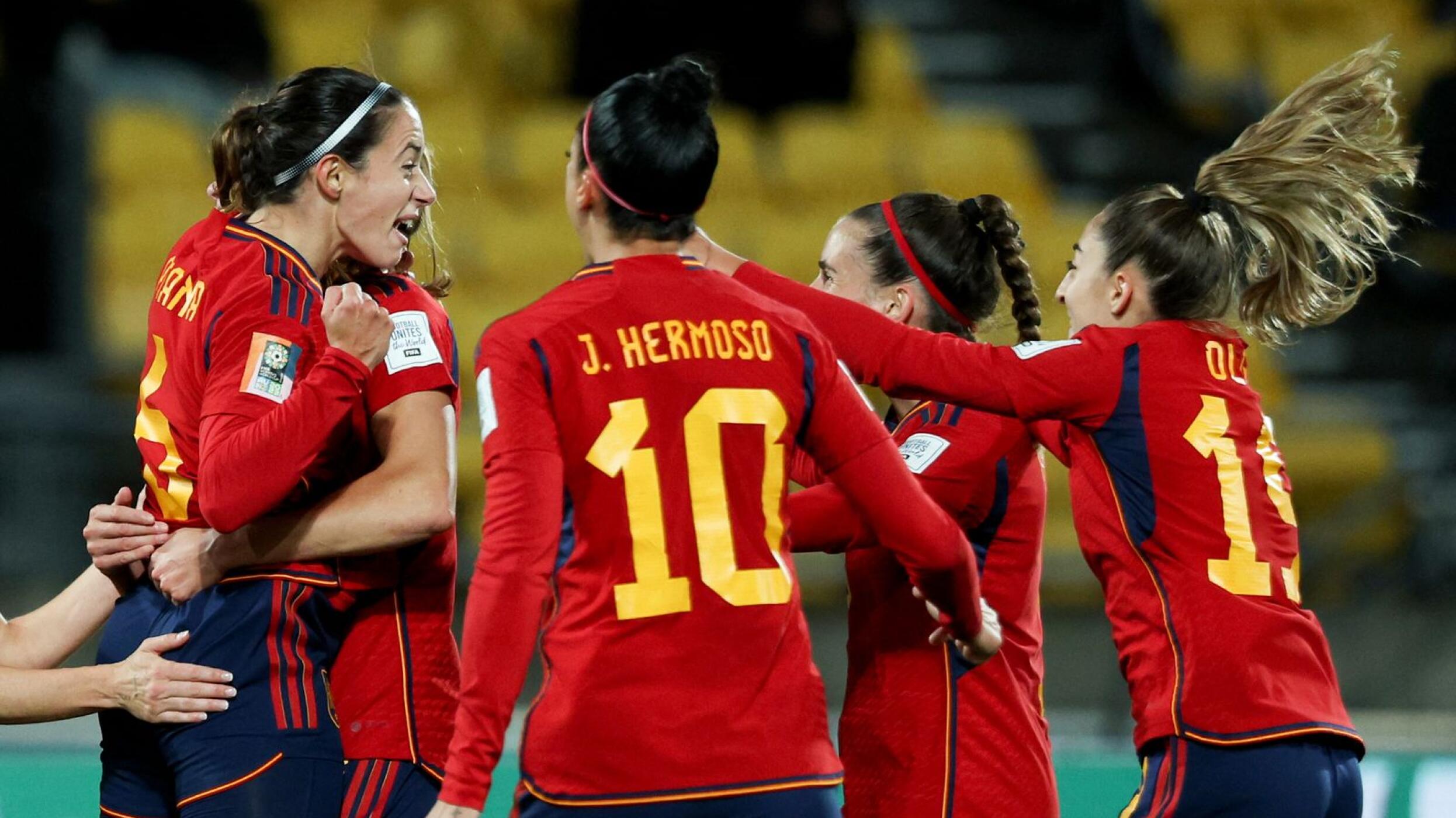 Spain's midfielder Aitana Bonmati celebrates after scoring the team's second goal against Costa Rica during their 2023 Women's World Cup Group C football match at Wellington Stadium