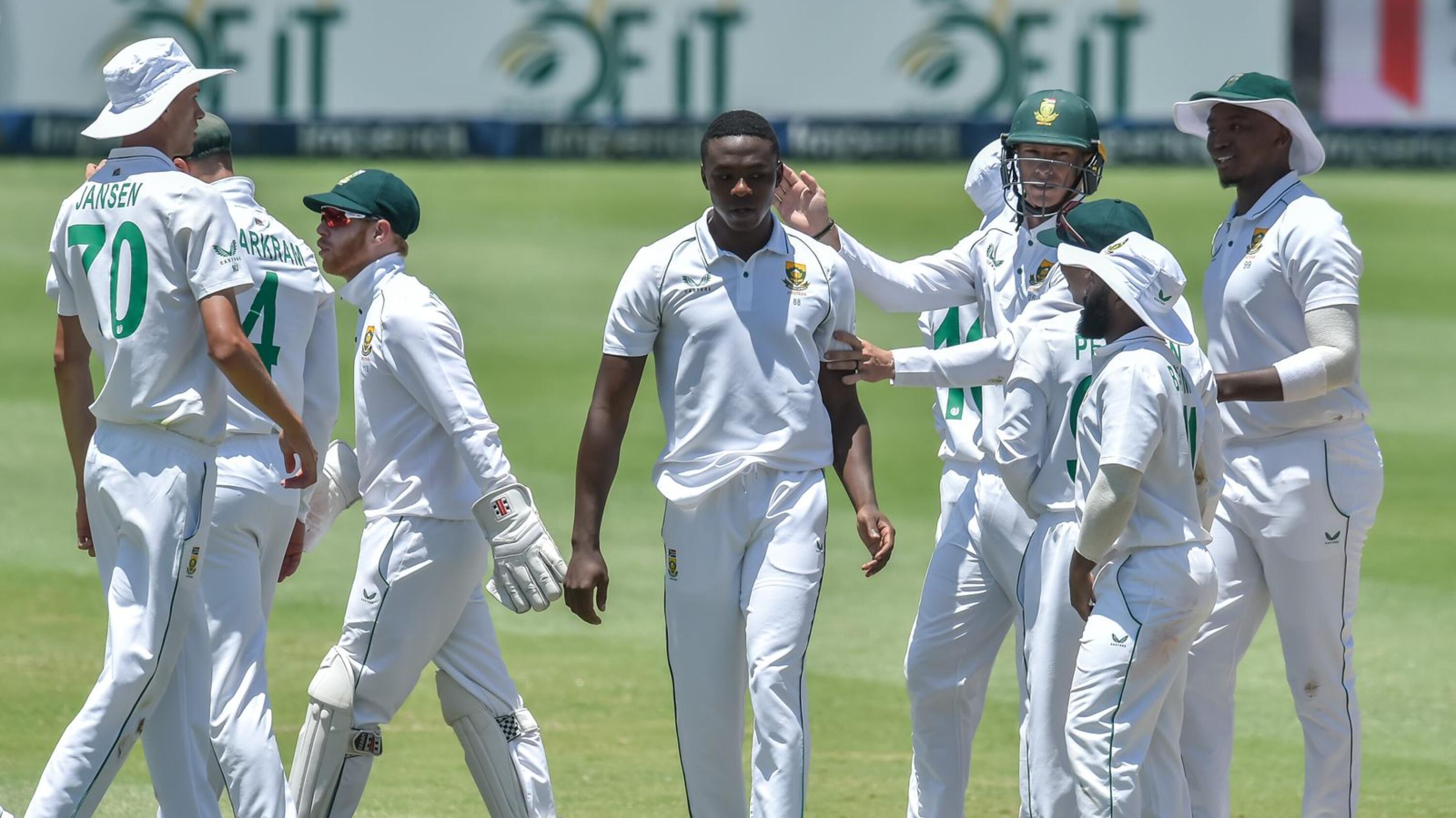 South Africa’s Kagiso Rabada celebrates with team mates after picking up a wicket during day 3 of the 2nd Test match against India at the Wanderers in Johannesburg on Wednesday
