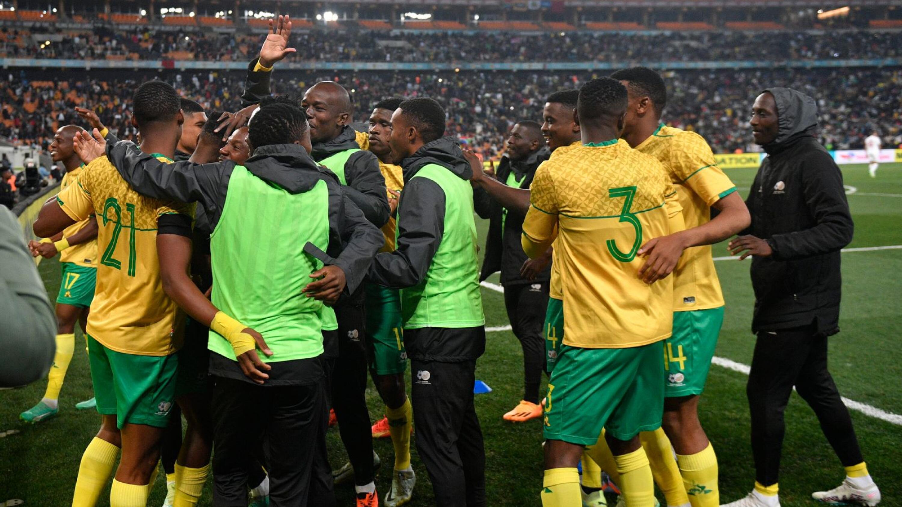 Bafana Bafana players celebrate Zakhele Lepasa’s goal during their Africa Cup of Nations qualifier against Morocco at FNB Stadium