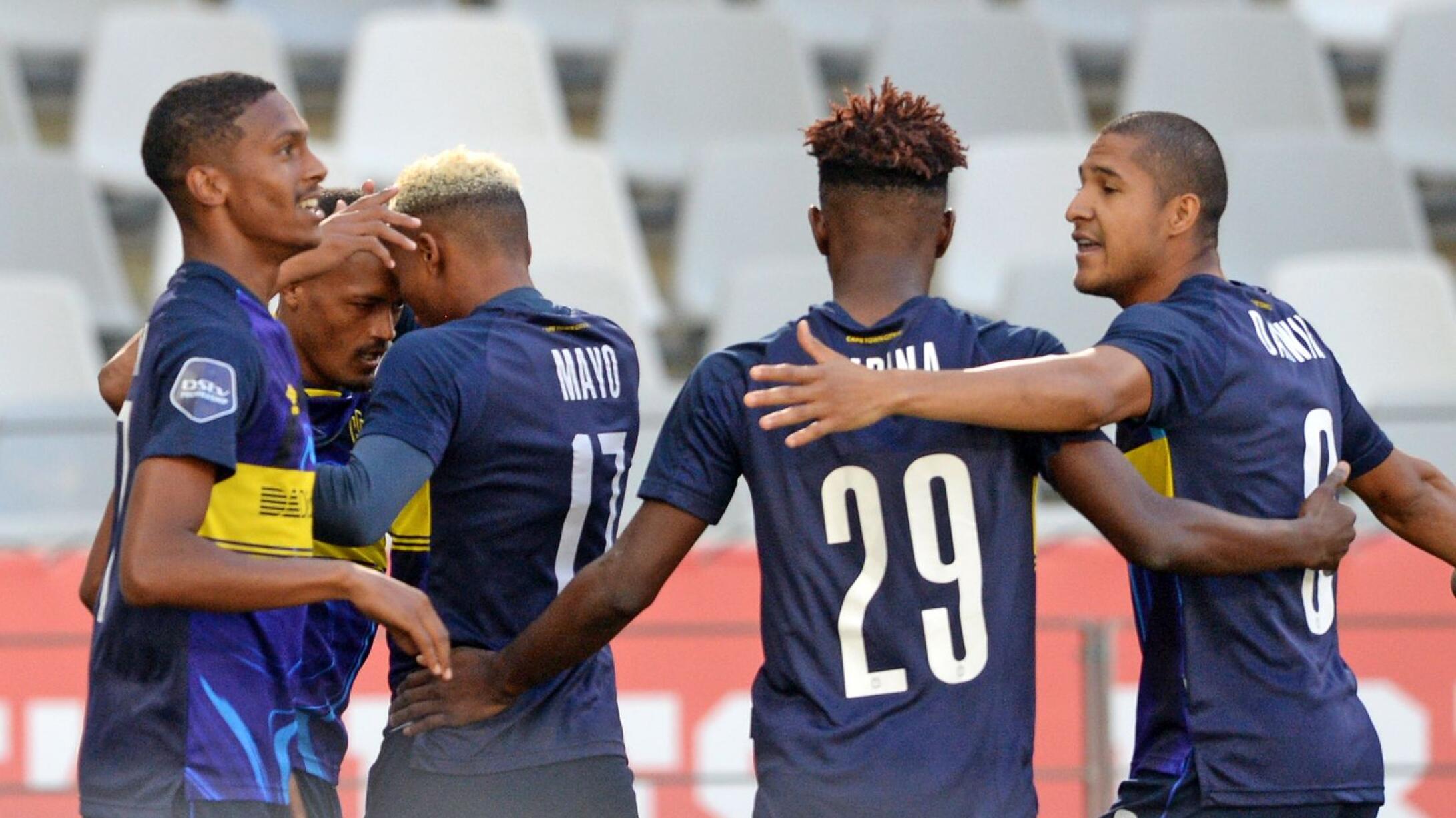 Cape Town City players celebrate a goal scored by Craig Martin during their DStv Premiership game against Sekhukhune United at Cape Town Stadium on Saturday