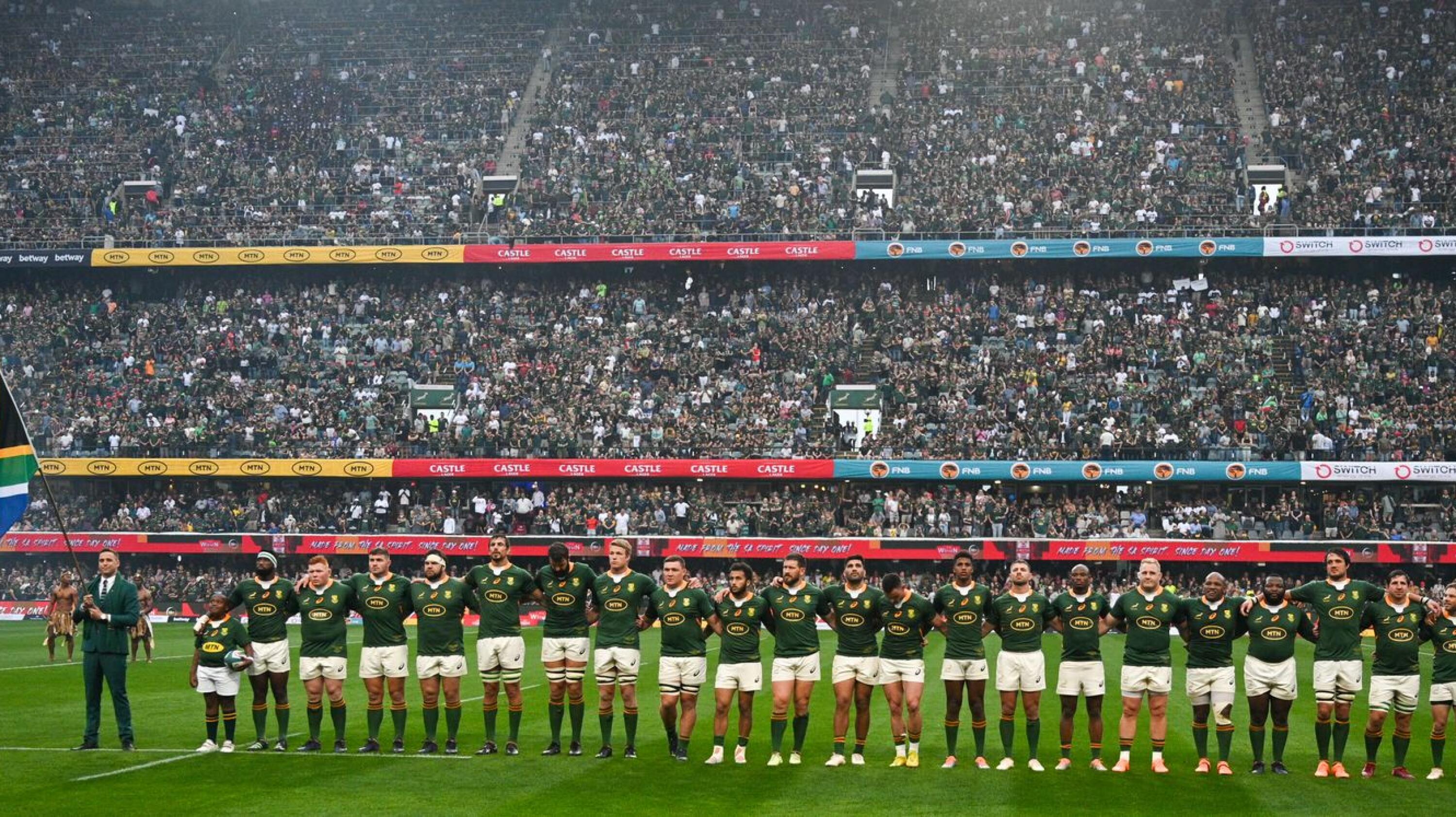 The Springbok team line up for national anthems during the 2022 Castle Lager Rugby Championship match between South Africa and Argentina held at Kings Park in Durban