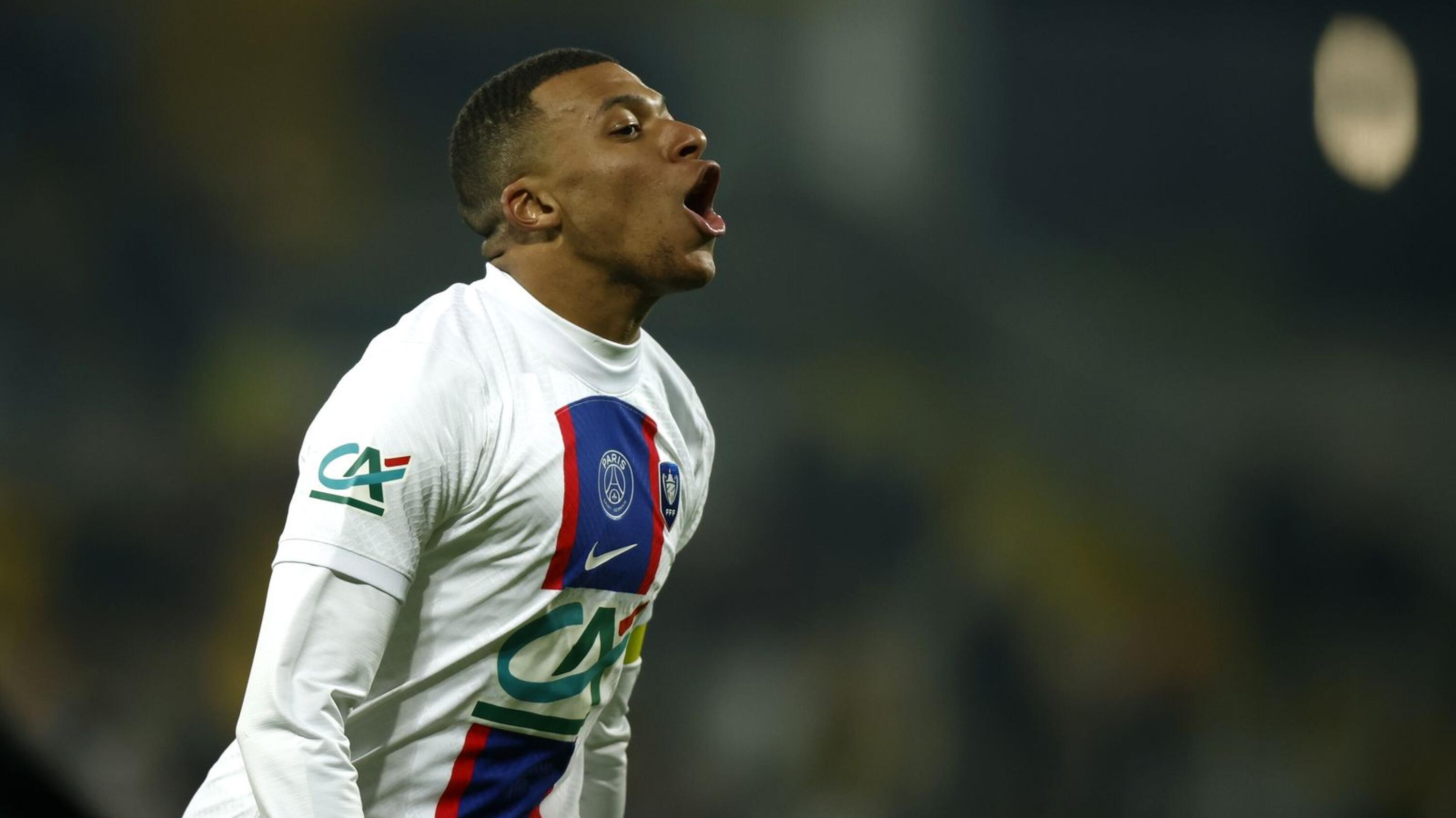 PSG’s Kylian Mbappe  reacts during the Coupe de France round of 32 soccer match against Pays de Cassel 