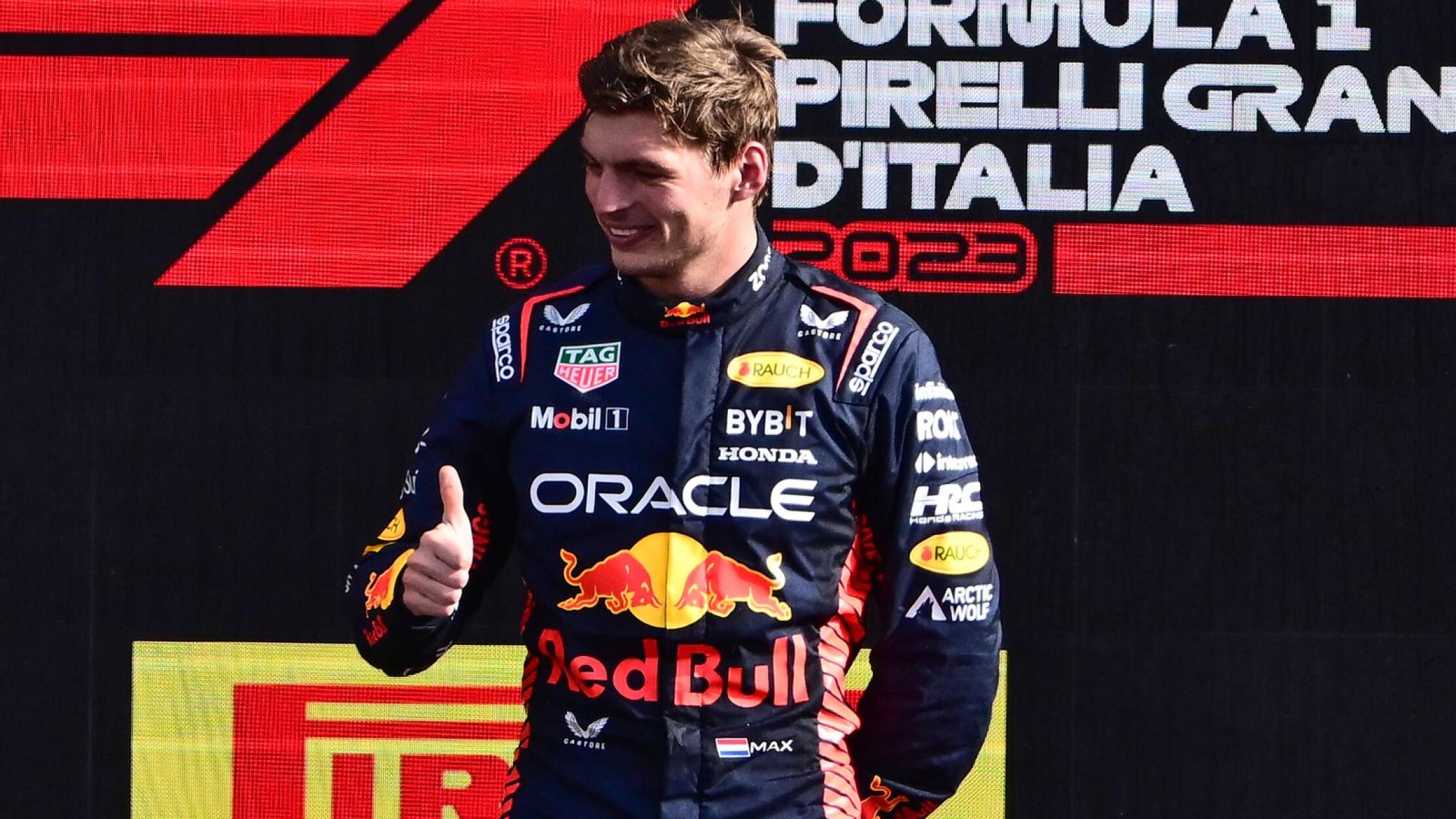 Red Bull Racing's Max Verstappen celebrates on the podium after winning Sunday’s Italian Formula One Grand Prix race at Autodromo Nazionale Monza circuit, in Monza