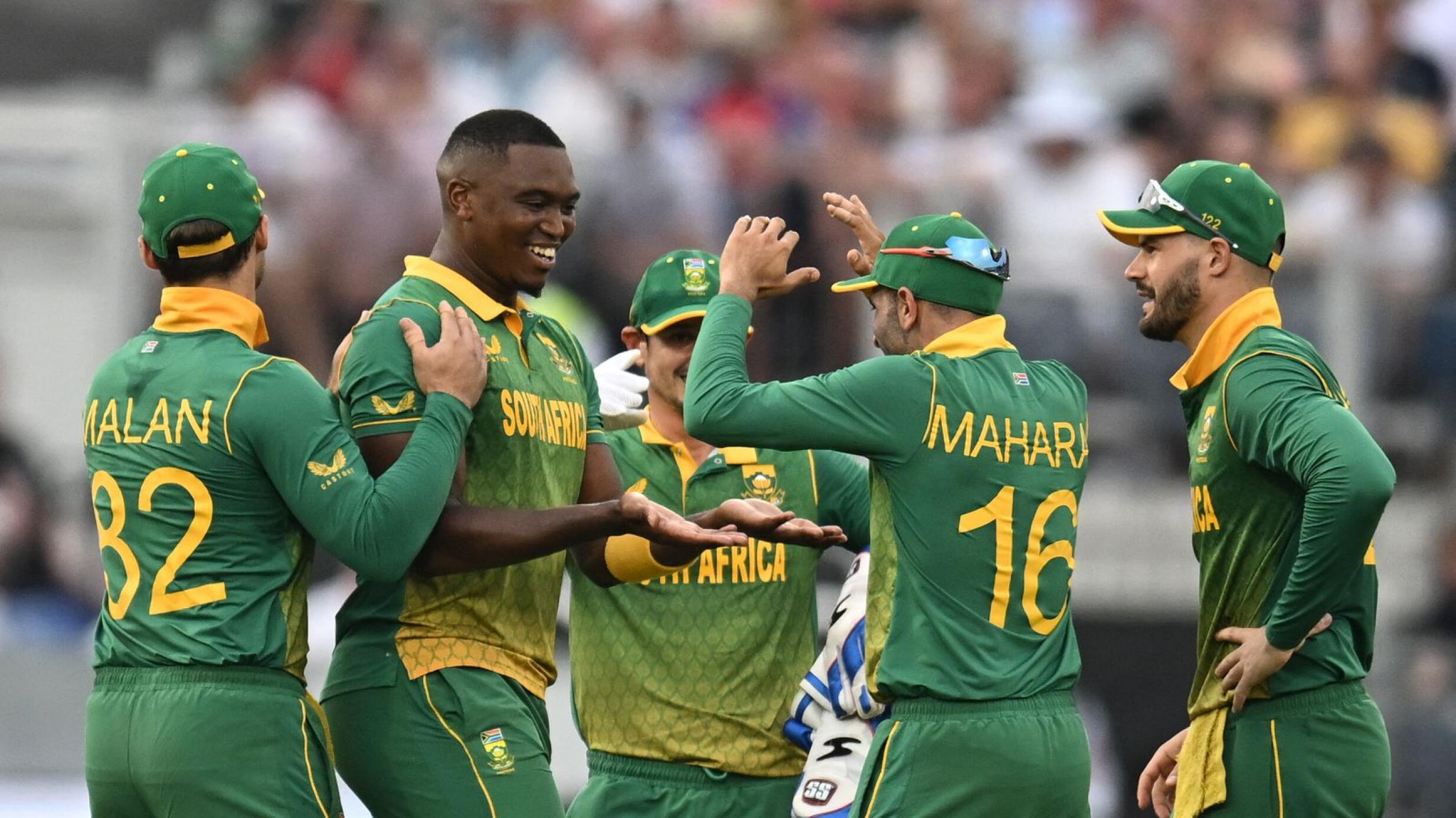 South Africa's Lungi Ngidi celebrates with teammates after taking the wicket of England's Liam Livingston during the first One Day International at the Riverside cricket ground in Durham on Tuesday