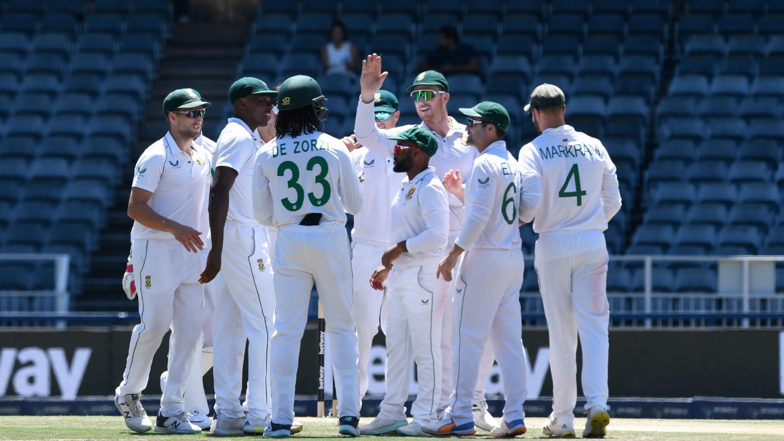 South Africa’s Gerald Coetzee celebrates with teammates after picking up a wicket during day two of their second Test against The West Indies at the Wanderers in Johannesburg on Thursday