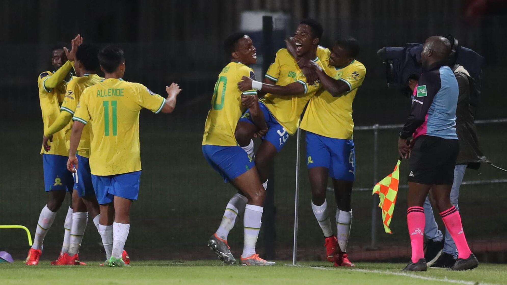 Cassius Mailula of Mamelodi Sundowns celebrates with teammates after scoring a goal during their DStv Premiership match against Maritzburg United at Harry Gwala Stadium in Pietermaritzburh on Saturday