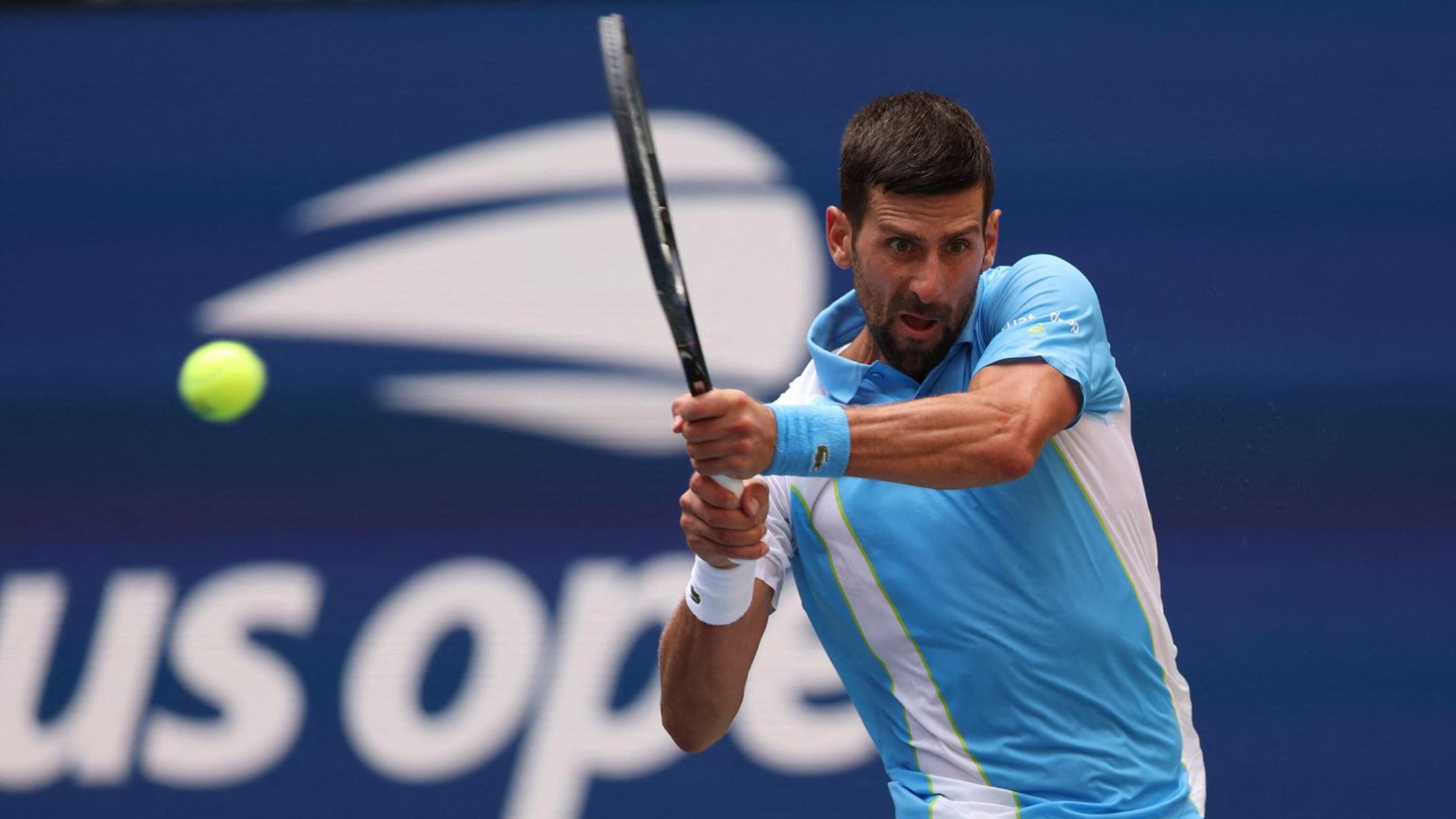 Novak Djokovic in action during his US Open second round match against Spain's Bernabe Zapata Miralles.